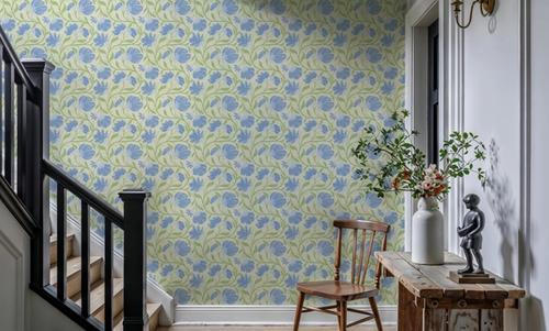 Indial Floral, Baby Blue on Light Green