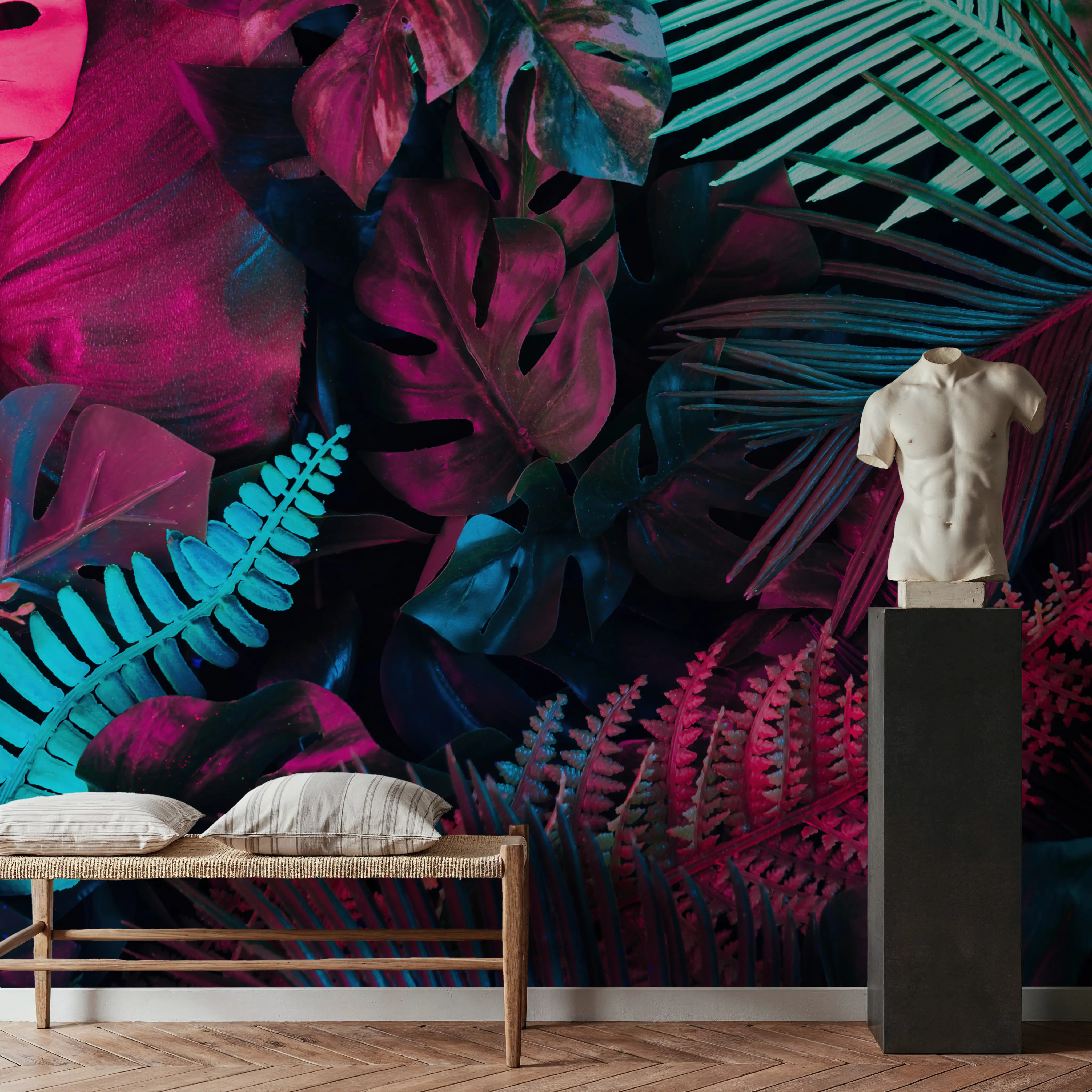 Fotobehang - Savage Jungle - Hedendaagse Kunst Bladeren Mural - Roze - Woonkamer - Wallism België - Zelfklevend of Vliesbehang