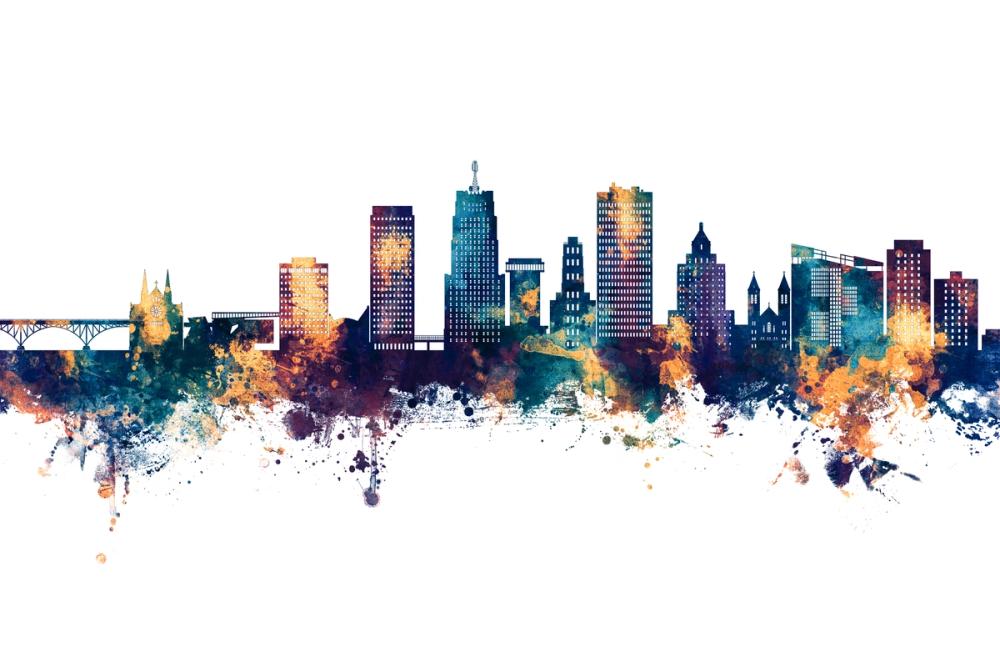 Akron Ohio Skyline Blue & Bronze