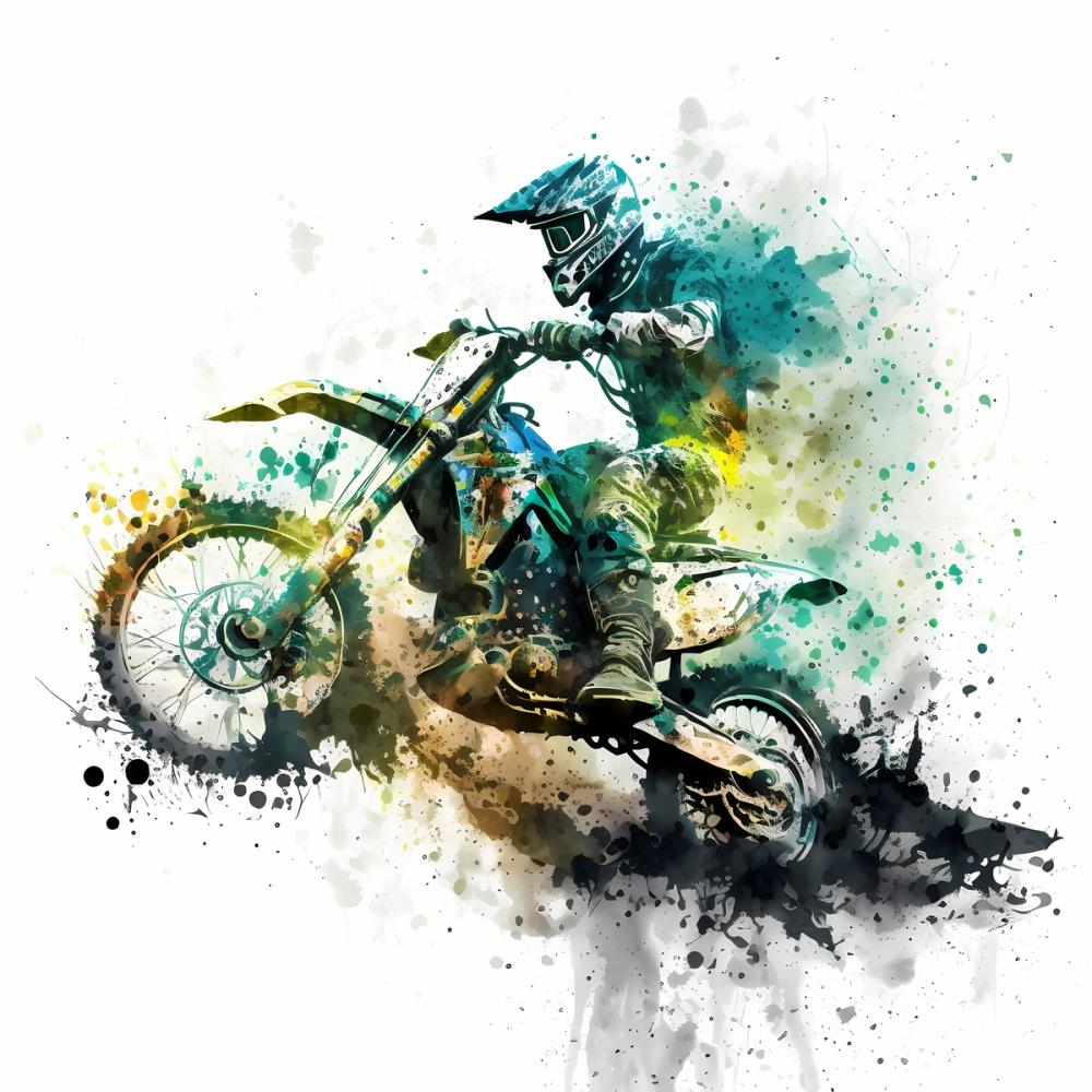 watercolor motorcycle in green with lots of splashes around