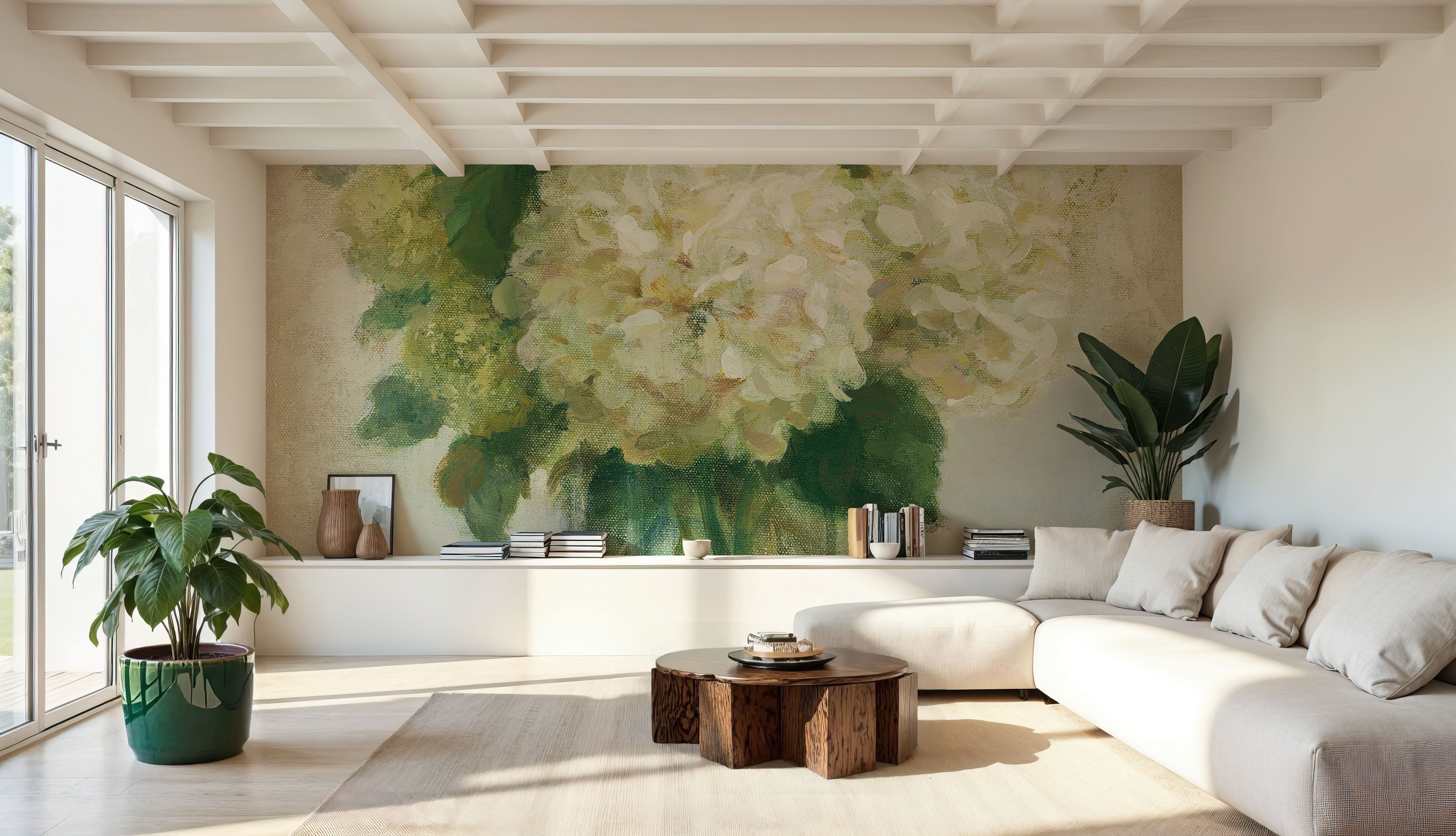 Wall Mural - Cottage Hydrangeas in White - Contemporary Nature mural wallpaper - White - Dining Room - Wallism US - Premium, Textured or Peel & Stick