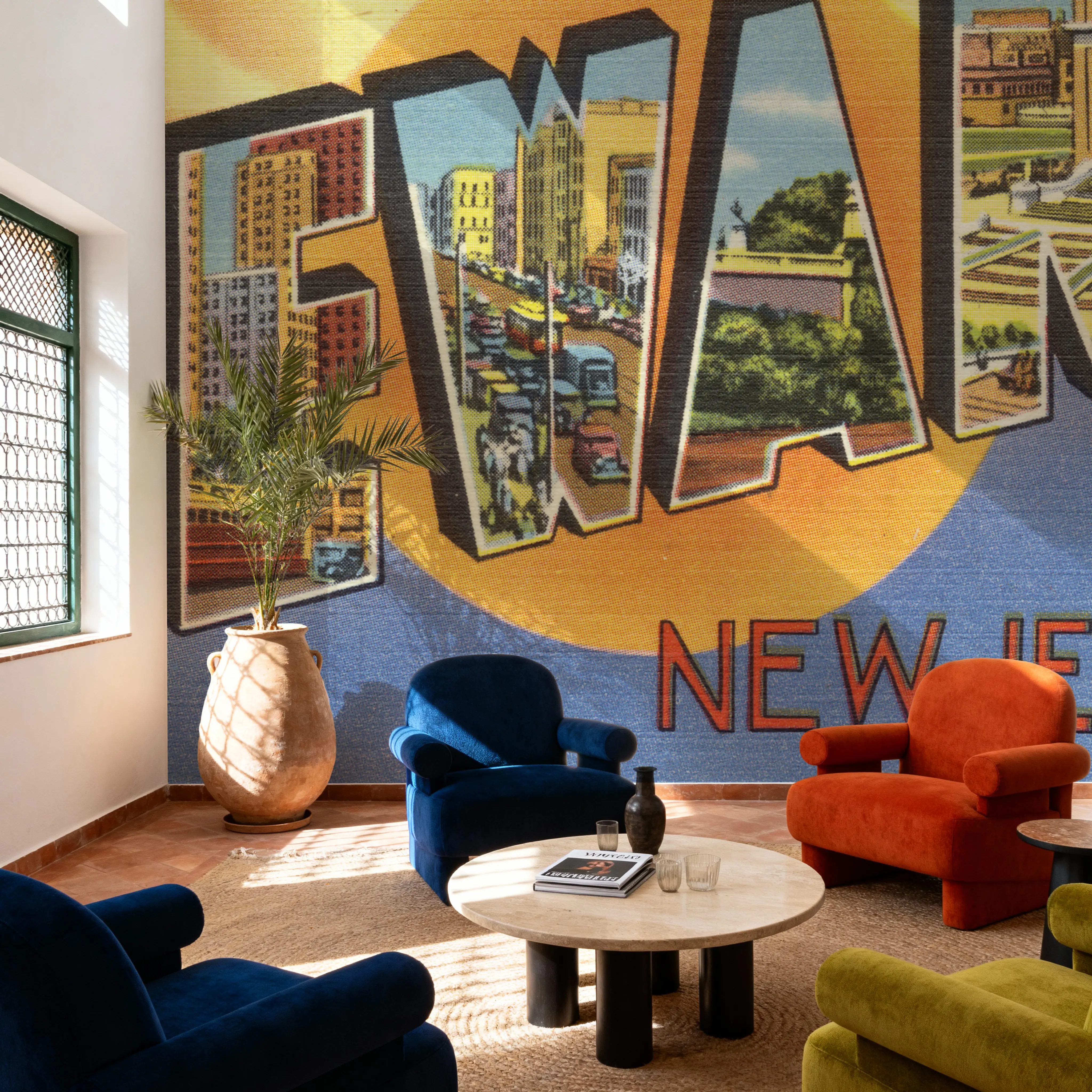 Wall Mural - Greetings from Newark - Screenprint Postcard - Big Cities Travel & Landmarks mural wallpaper - Orange - Living room - Wallism UK