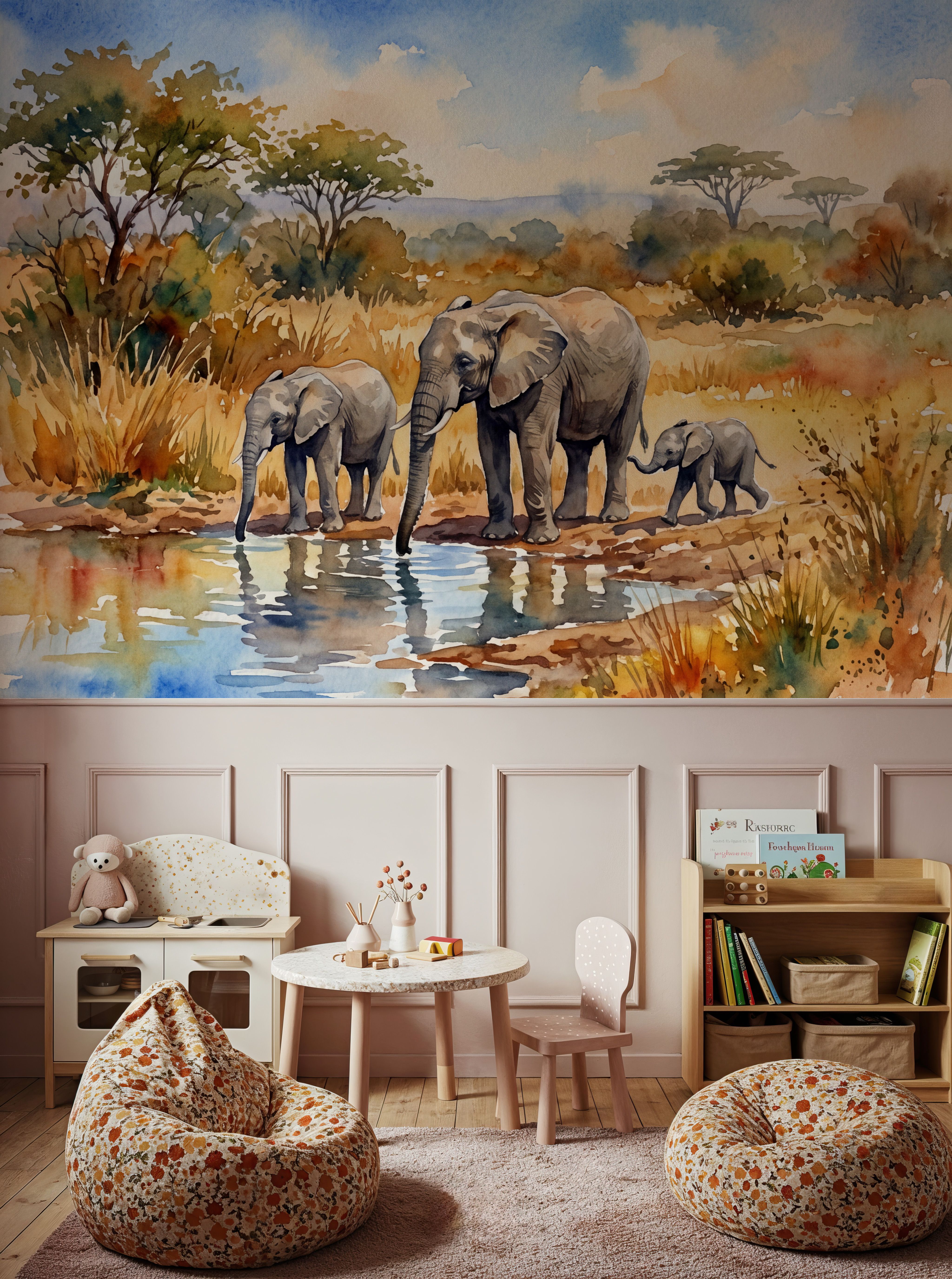 Elephants by the Water Hole - Watercolor Landscapes Series