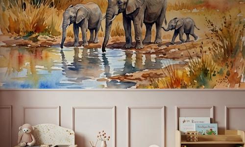 Elephants by the Water Hole - Watercolor Landscapes Series