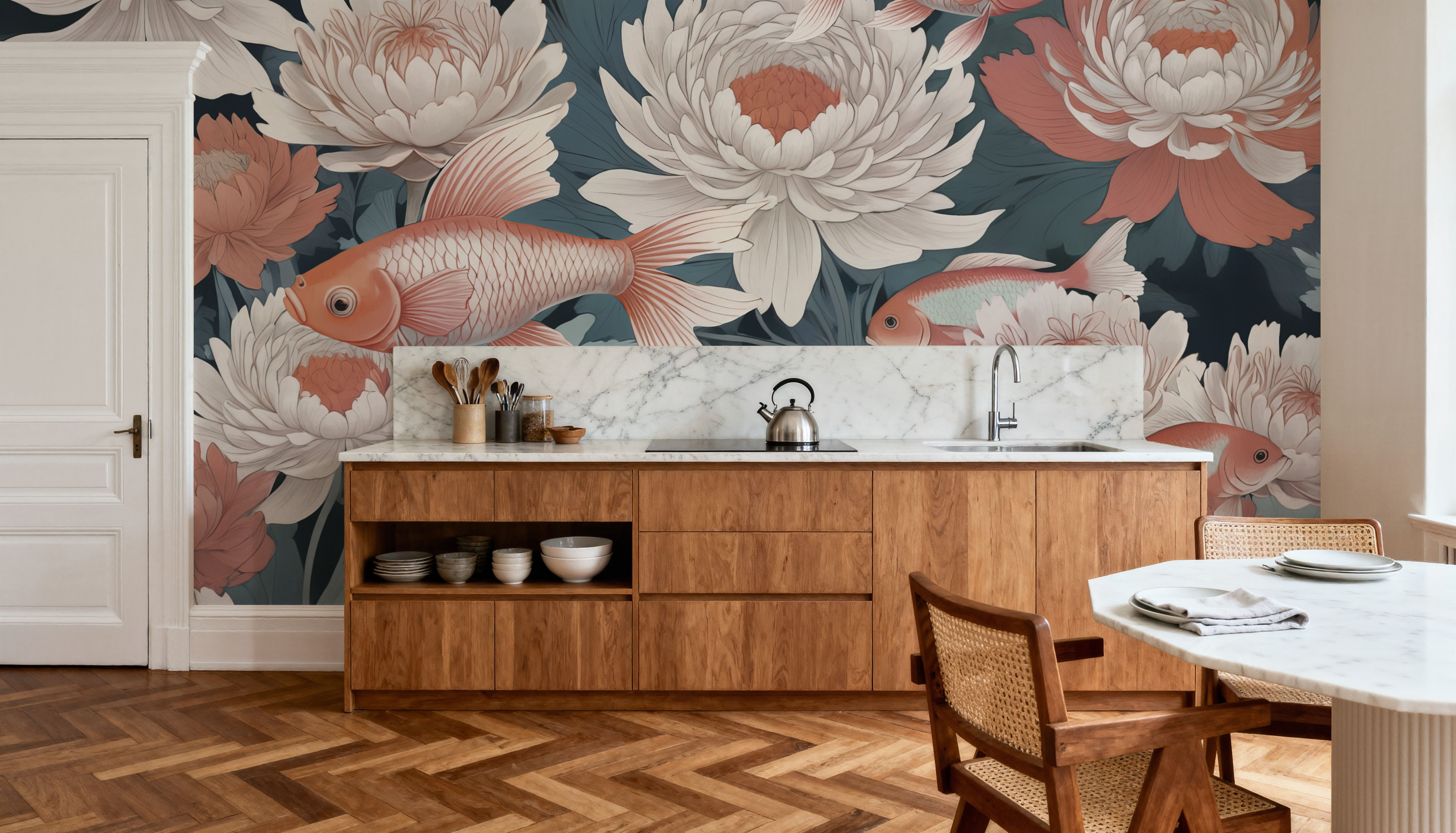 Dancing Fish, Peach on Teal