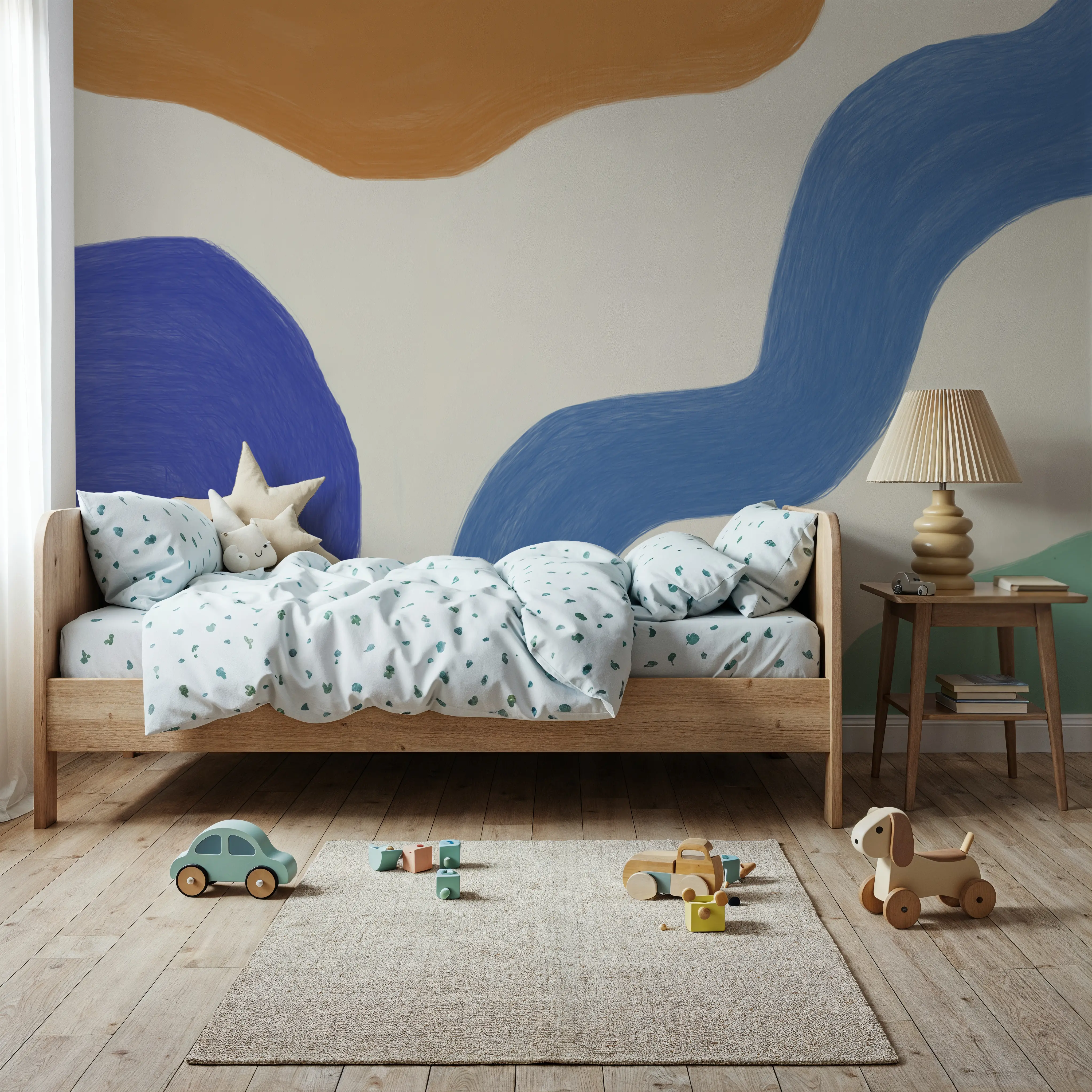 Fotobehang - Seventies Waves - Abstract Kunst Grafische Kunst Mural - Blauw - Kinderkamer - Wallism België - Zelfklevend of Vliesbehang