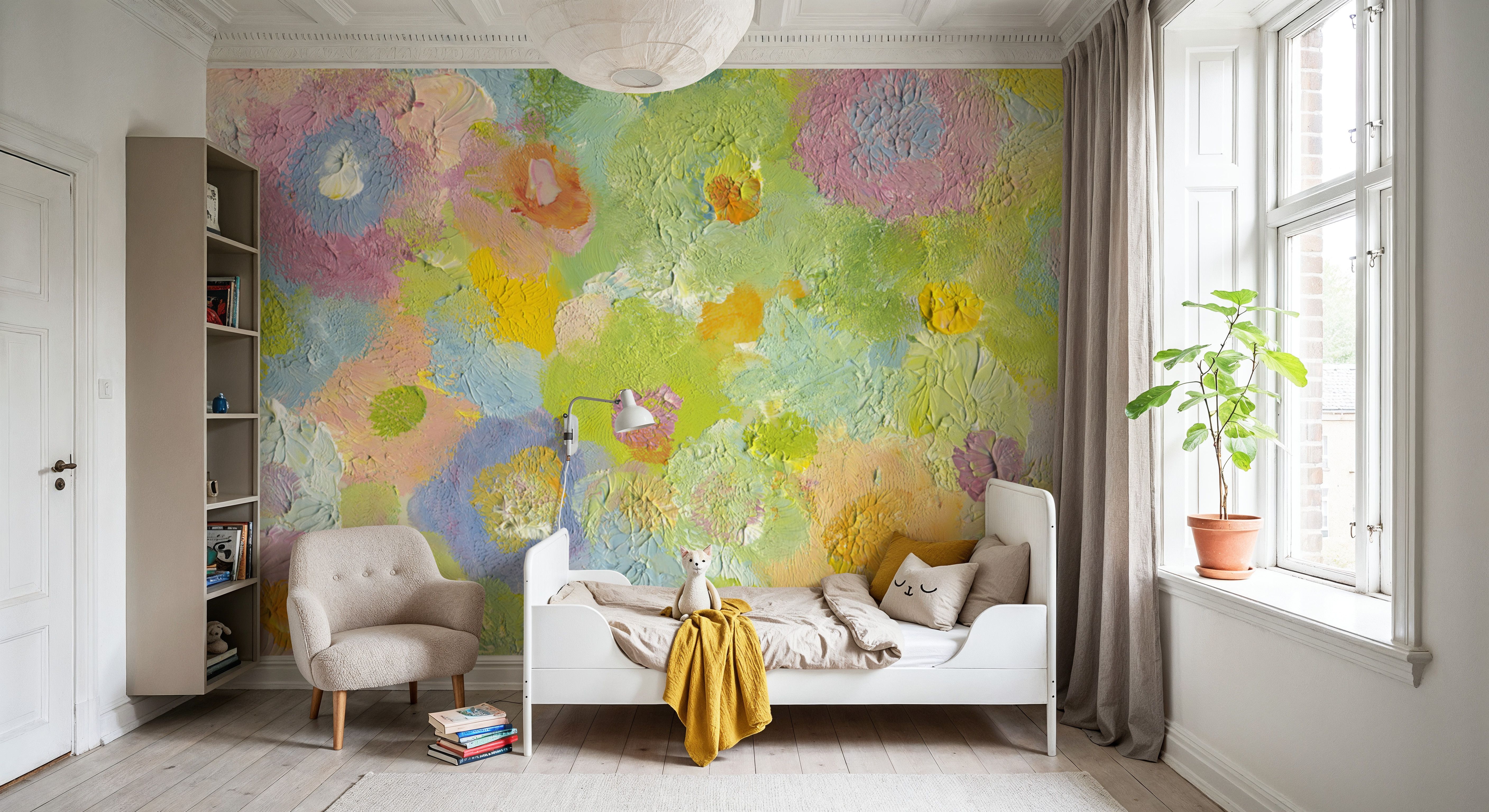 Happy Oil Painted Flowers, Green & Yellow, Wallpaper