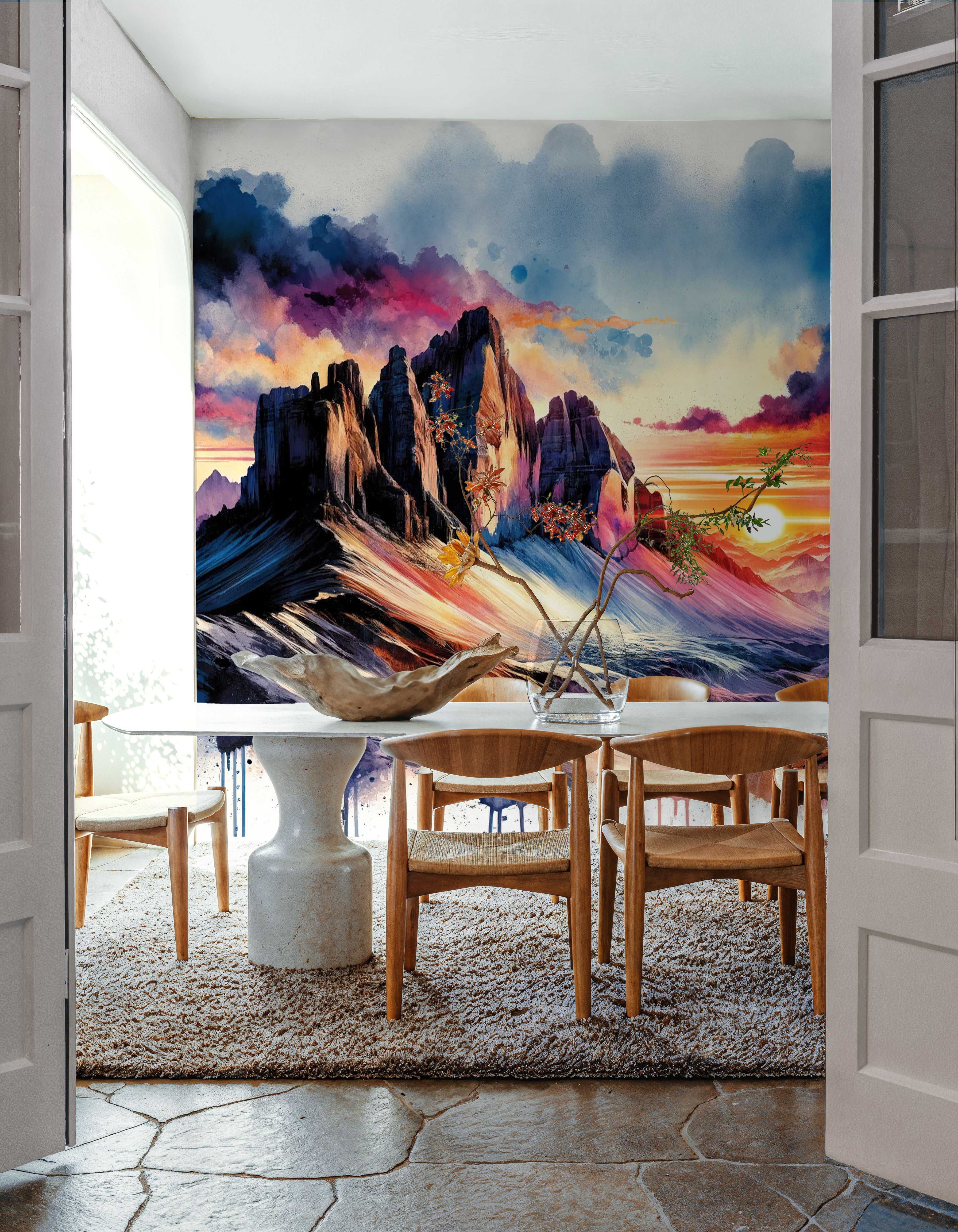 Watercolor Mountains Landscape At Sunset