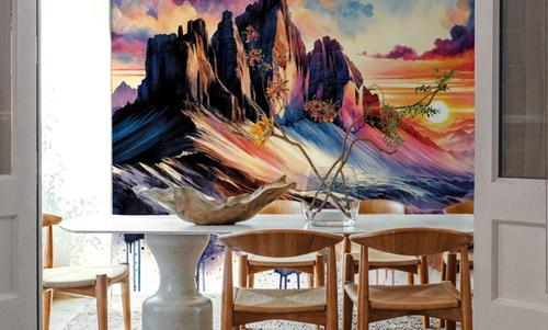 Watercolor Mountains Landscape At Sunset