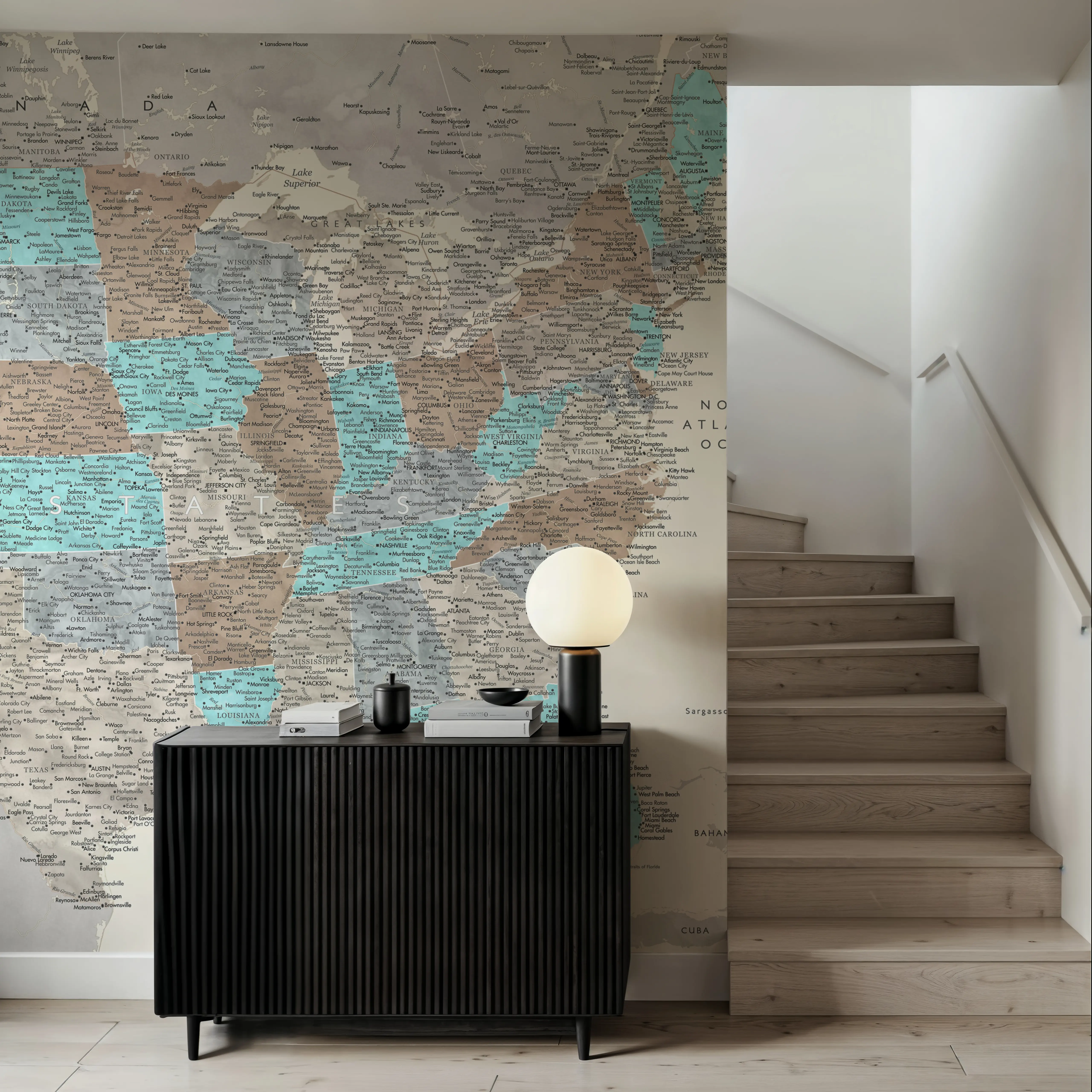 Wall Mural - US Map Detailed - Romy - Cities Countries mural wallpaper - Blue - Hallway staircases - Wallism UK - Peel & Stick or Paste-the-Wall