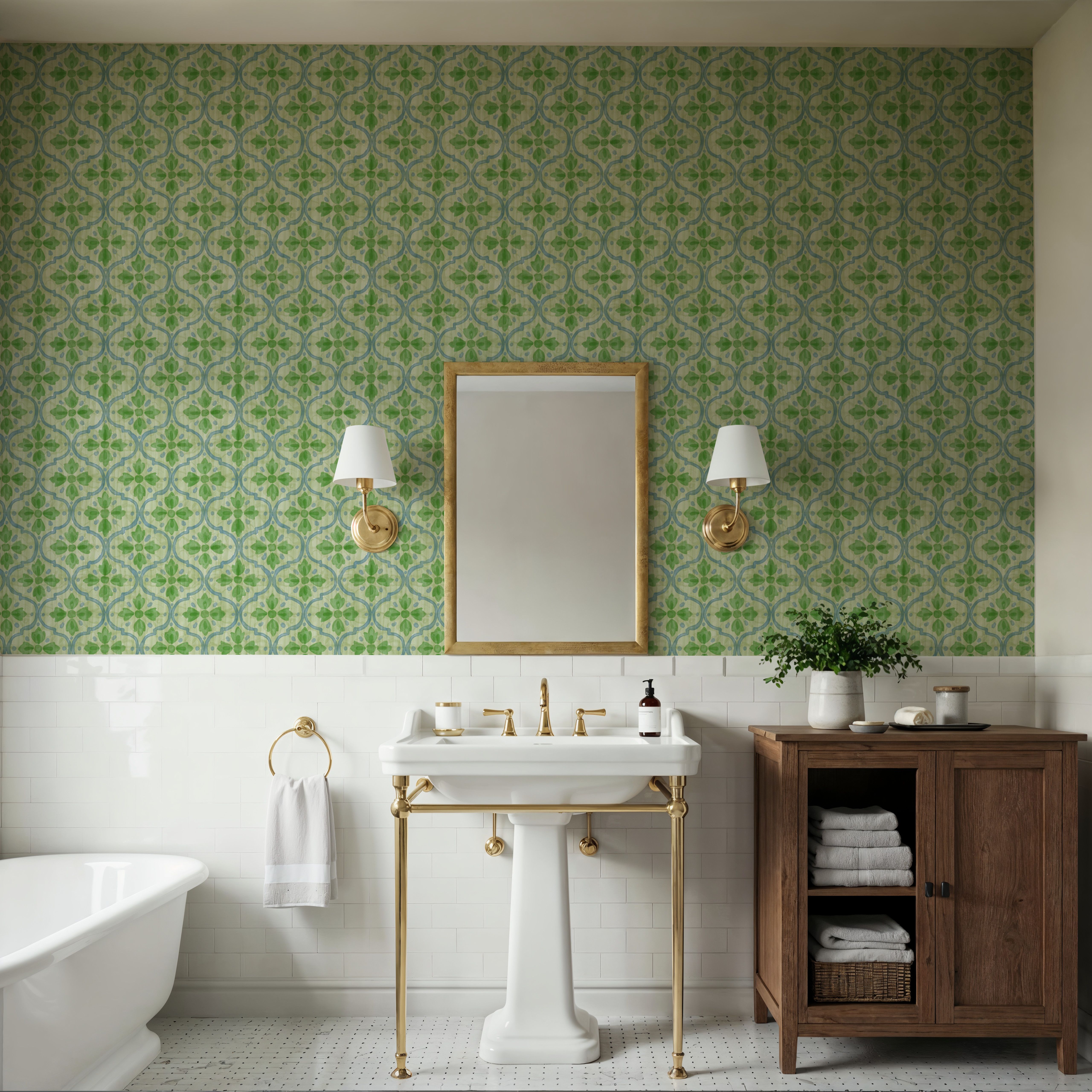 Quatrefoil Watercolor Trellis, Fresh Green, Papier peint