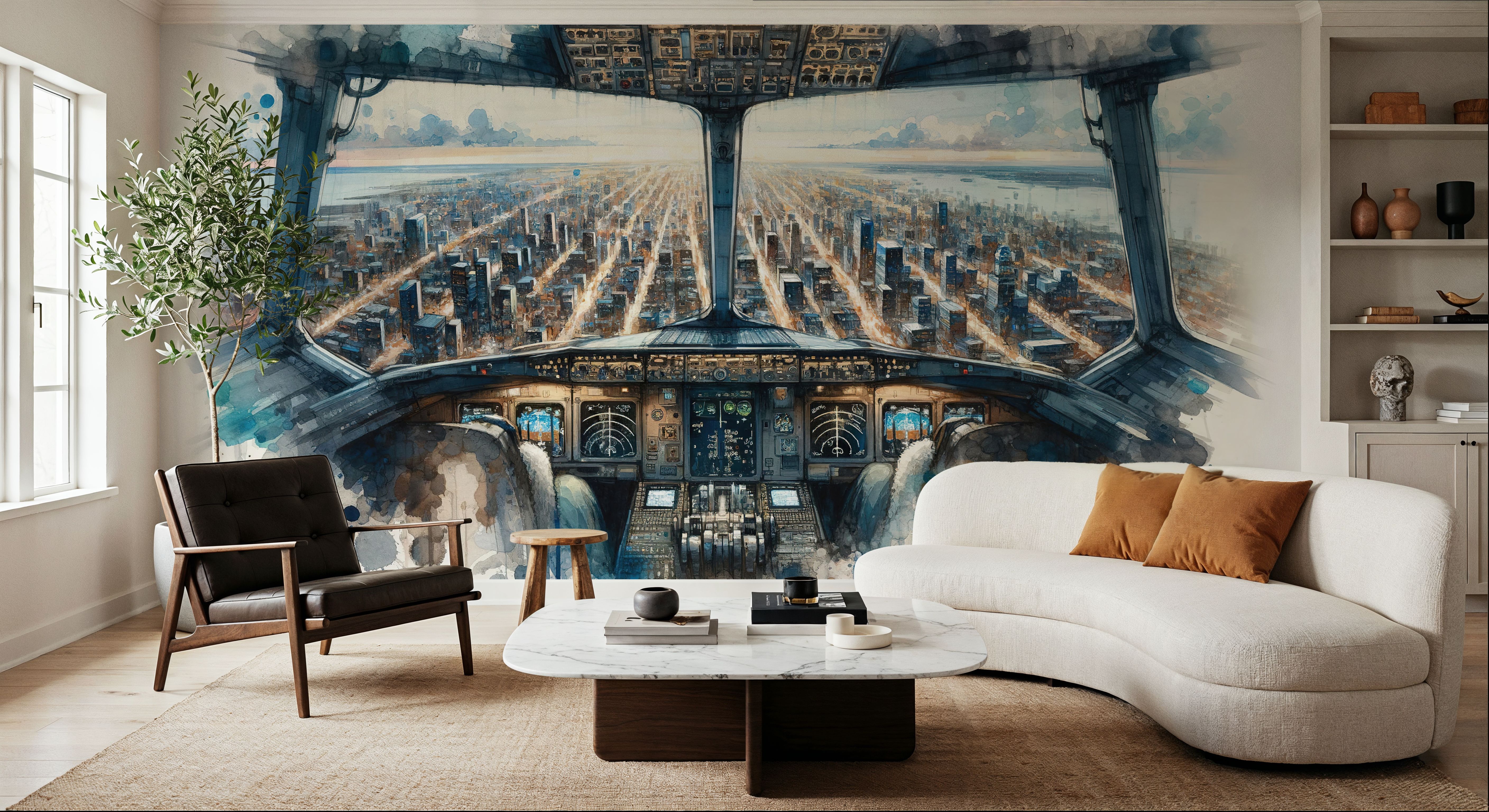 Cityscape from Airplane Cockpit