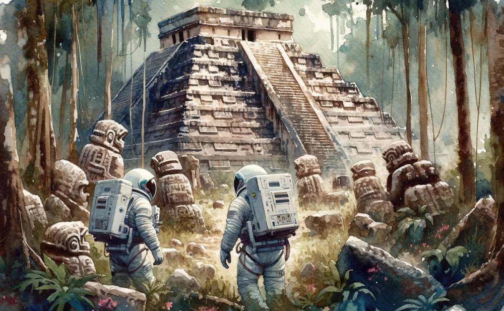 Astronauts Exploring Ancient Pyramid Ruins