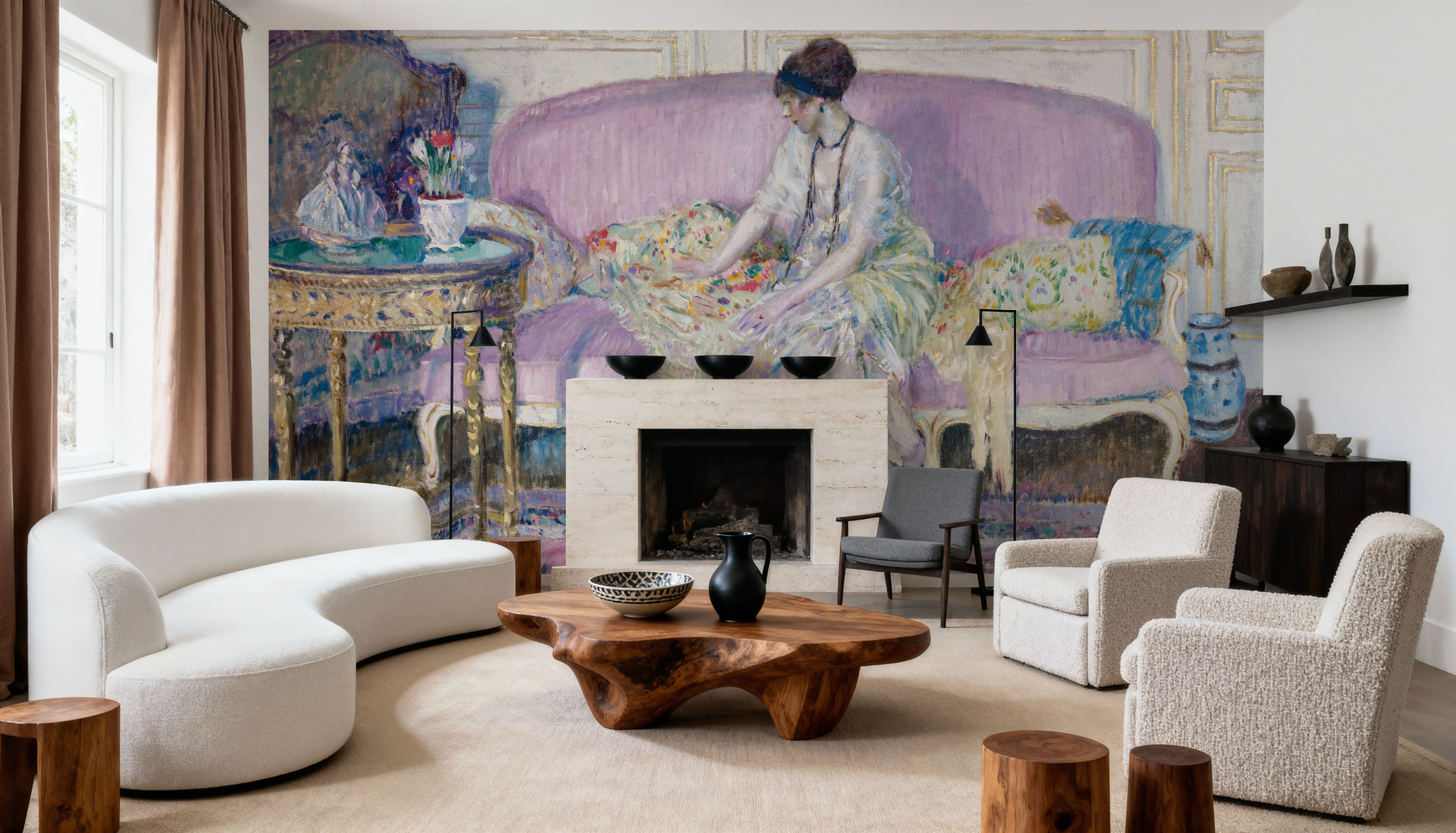 Woman Seated on Interior Sofa, Carte da parati