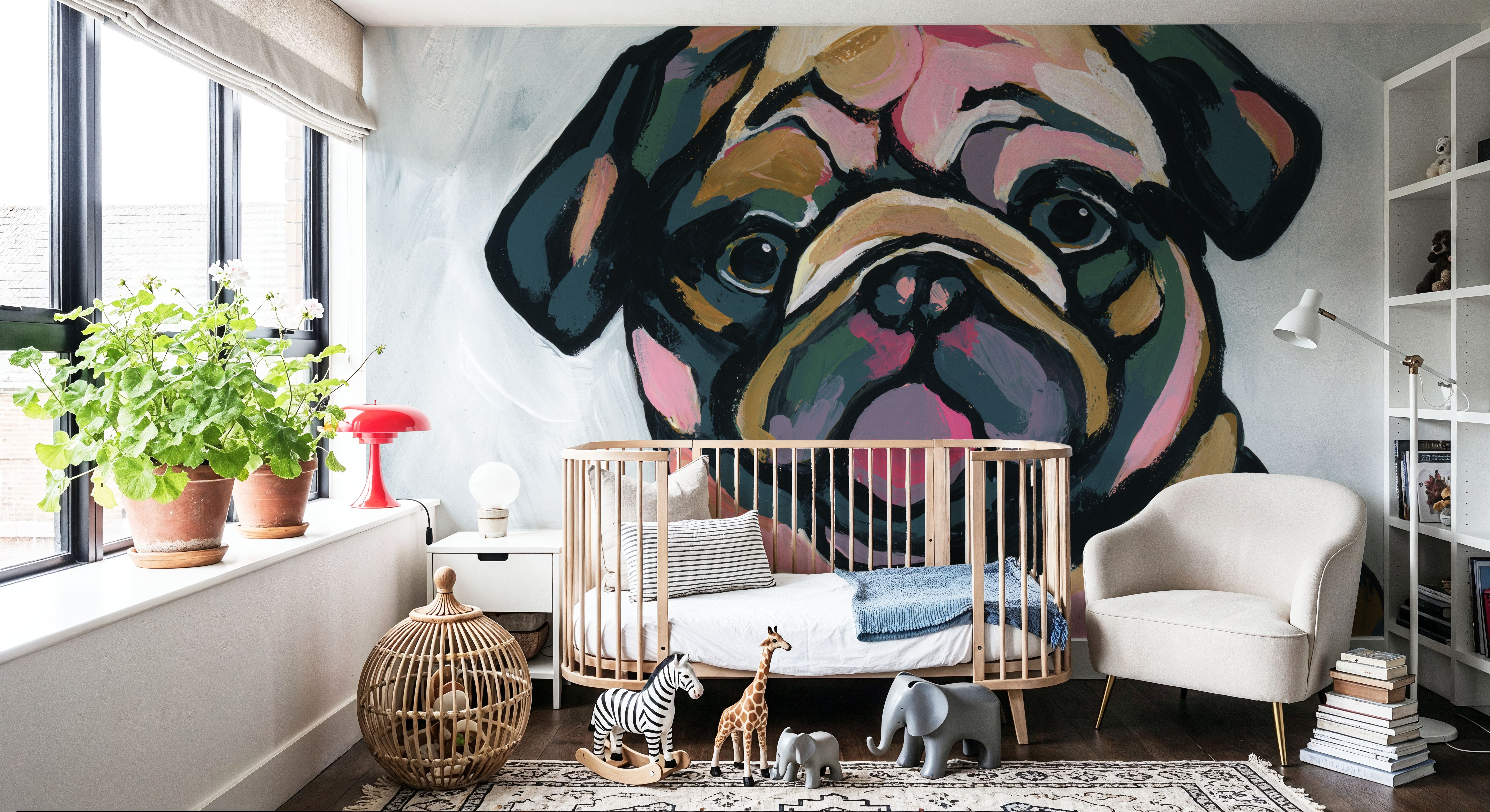 Wall Mural - Abstract Pug - Contemporary Animals mural wallpaper - Pink - Offices - Wallism US - Premium, Textured or Peel & Stick