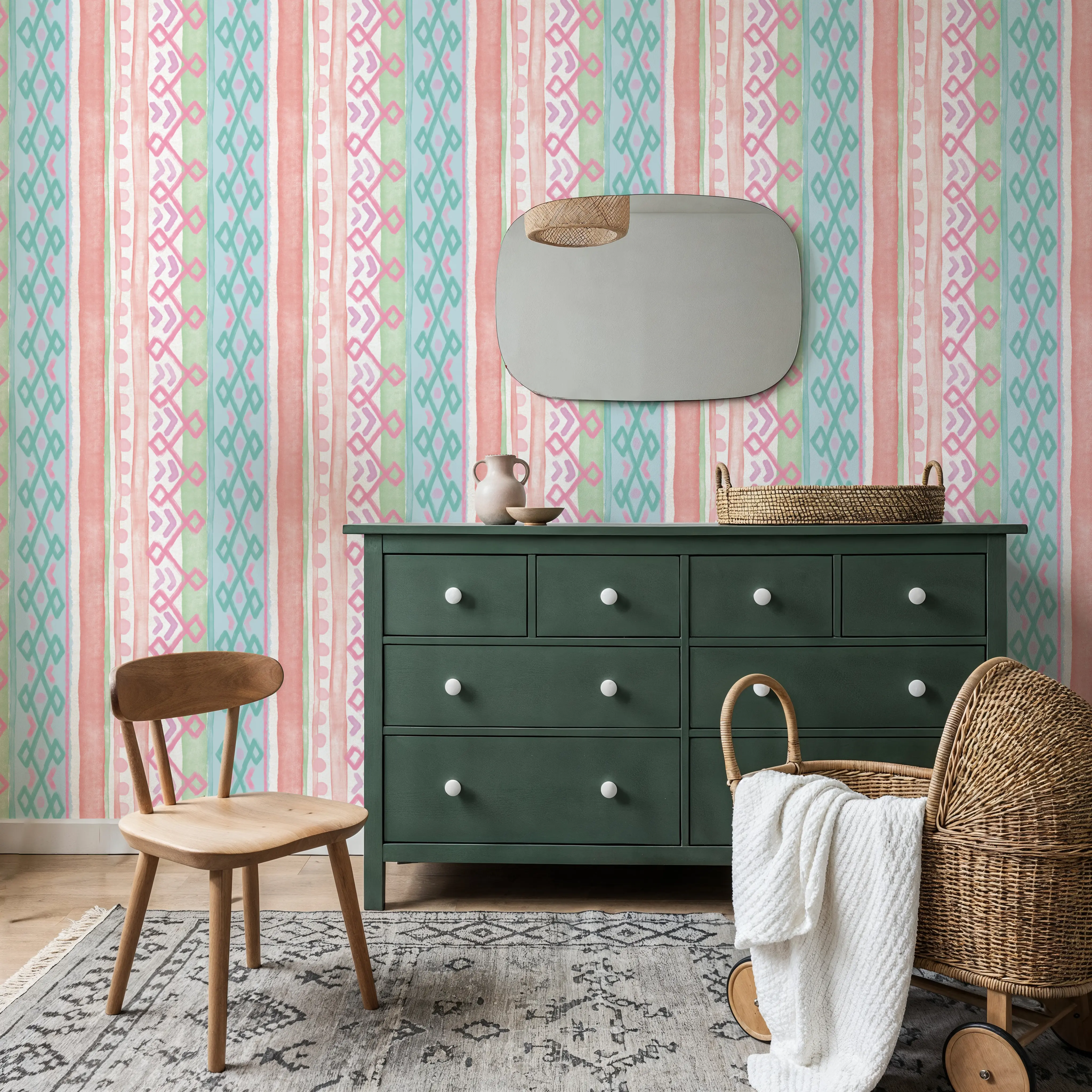 Papier Peint - Cacti Drops - Points Rayures - Rose - chambre d'enfant - Wallism Belgique - Encollage au mur ou Autocollant