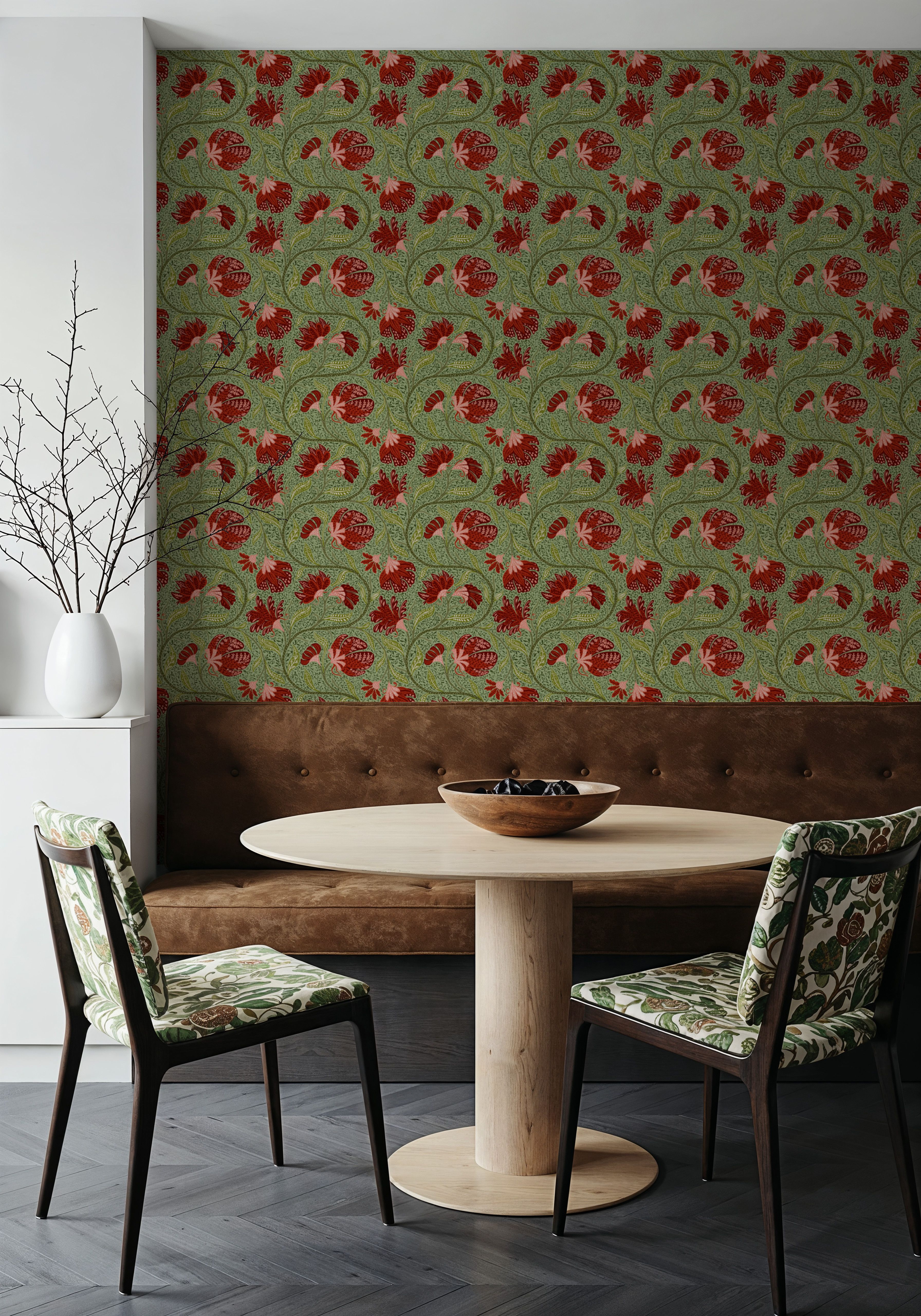Indial Floral, Vermilion on Pistachio, Papel de parede