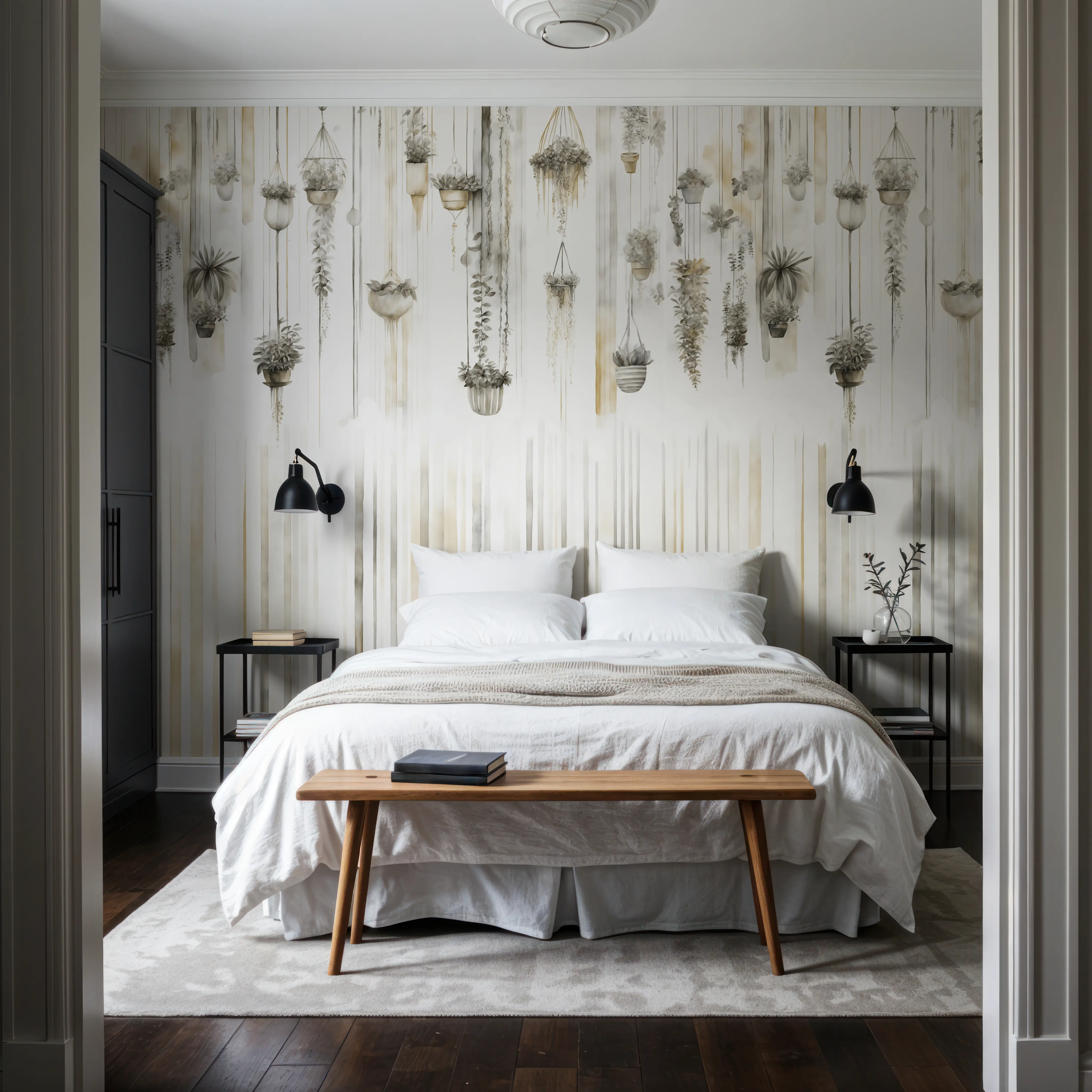 Papier Peint Panoramique - Hanging Watercolor Gardens - Feuillage Nature - Blanc - Couloir et escaliers - Wallism Belgique