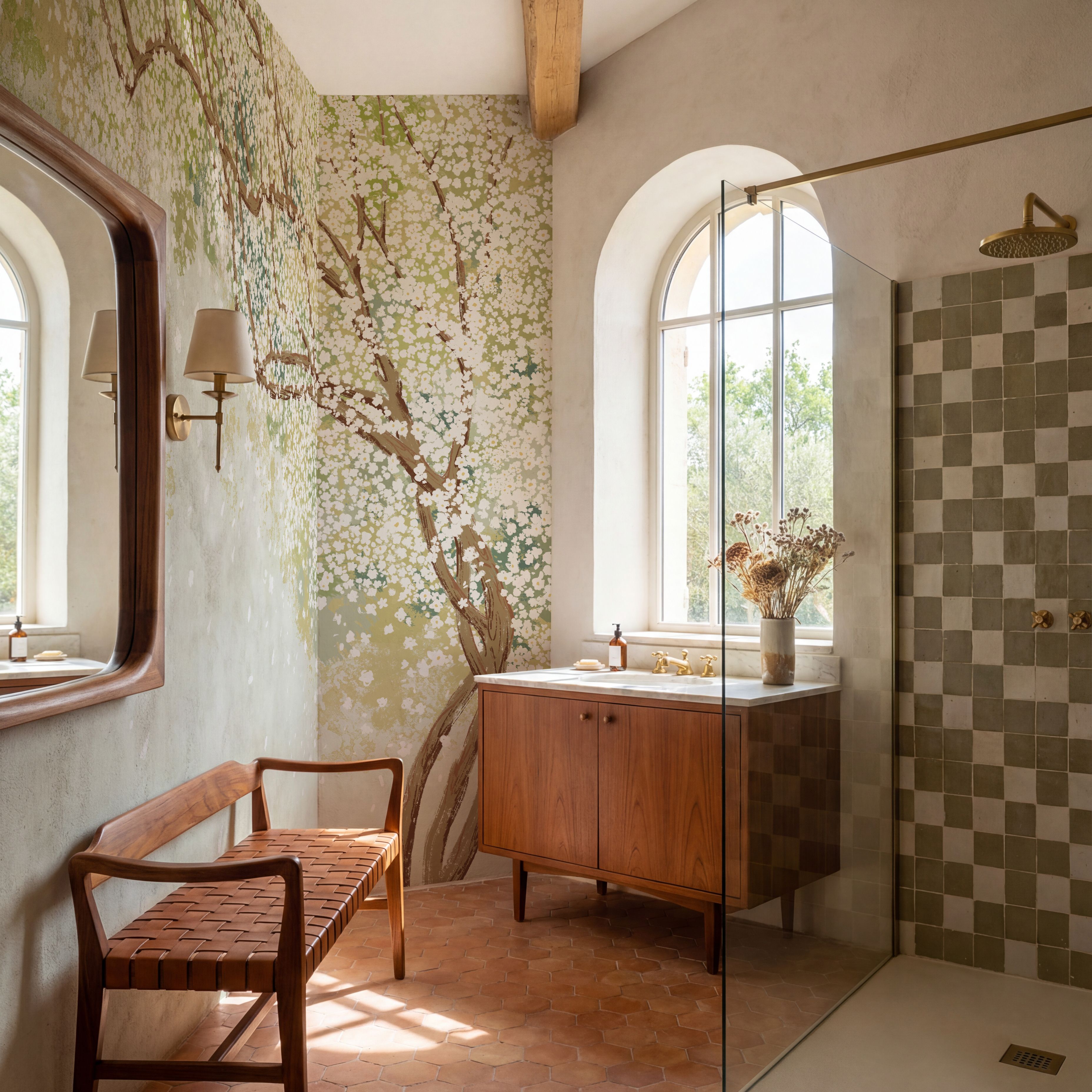 Leaf forms bringing calm to a small bathroom