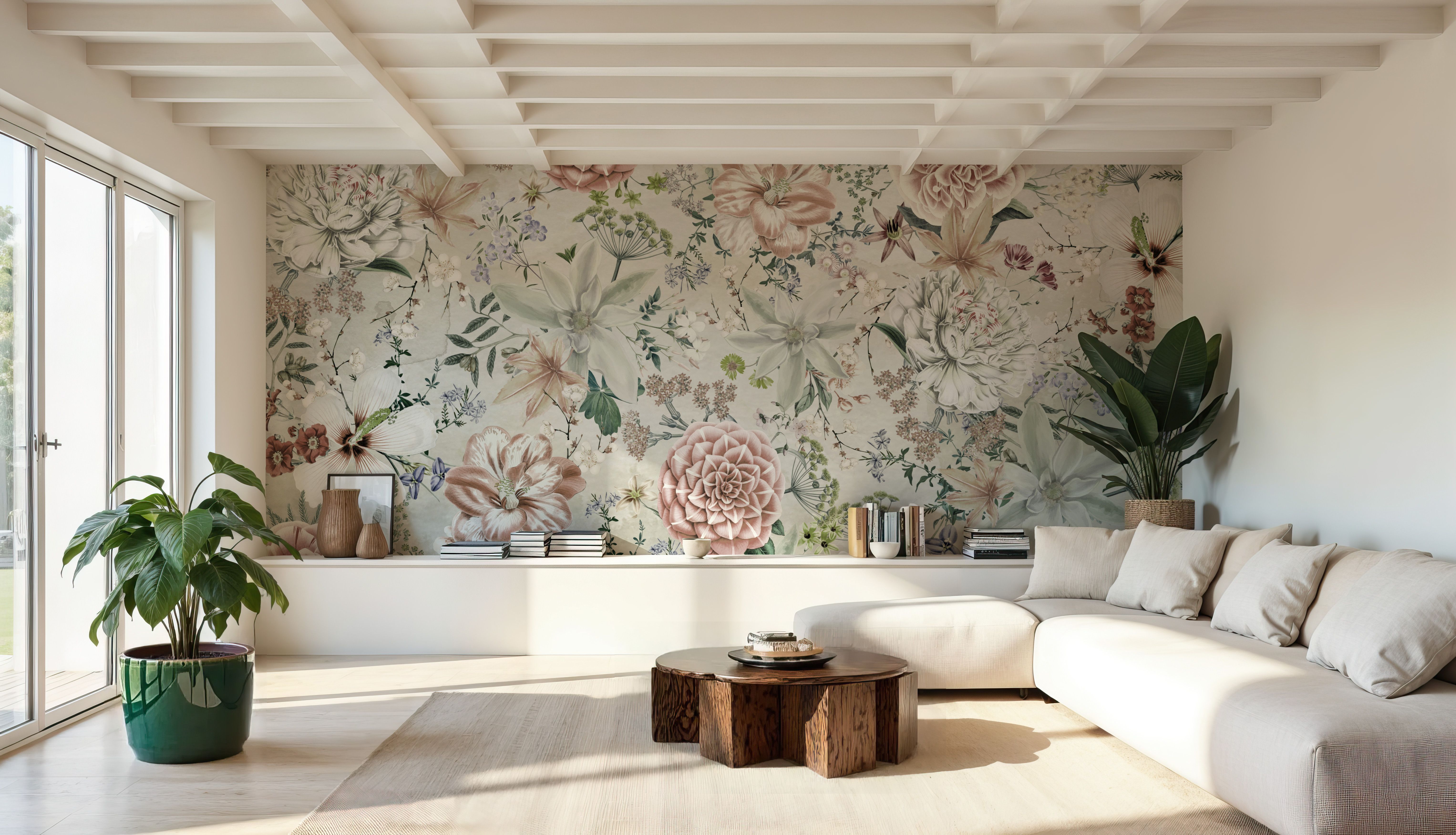 Flowers and Stripes Green, Wallpaper