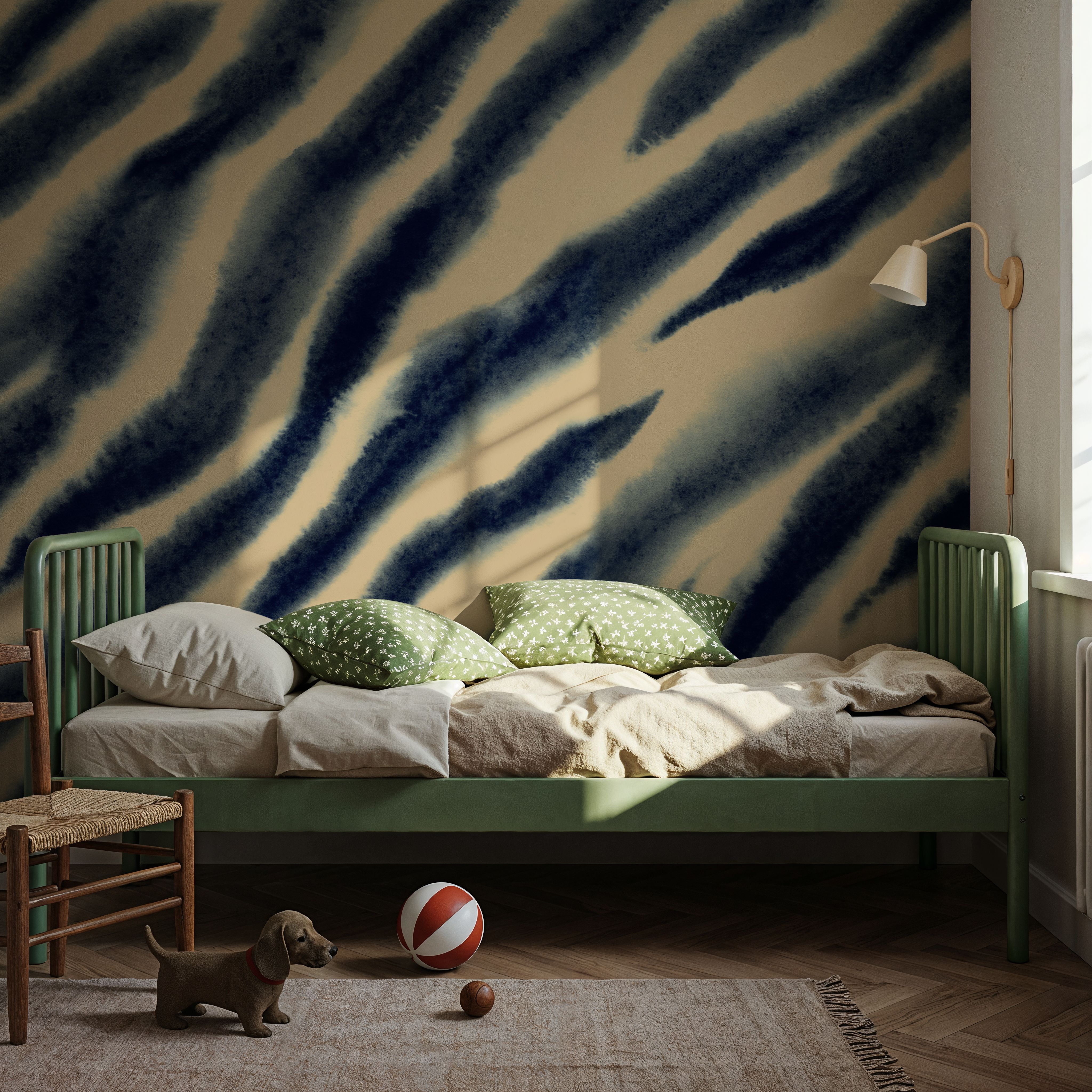 Watercolor Tiger Stripes, Blue on Beige