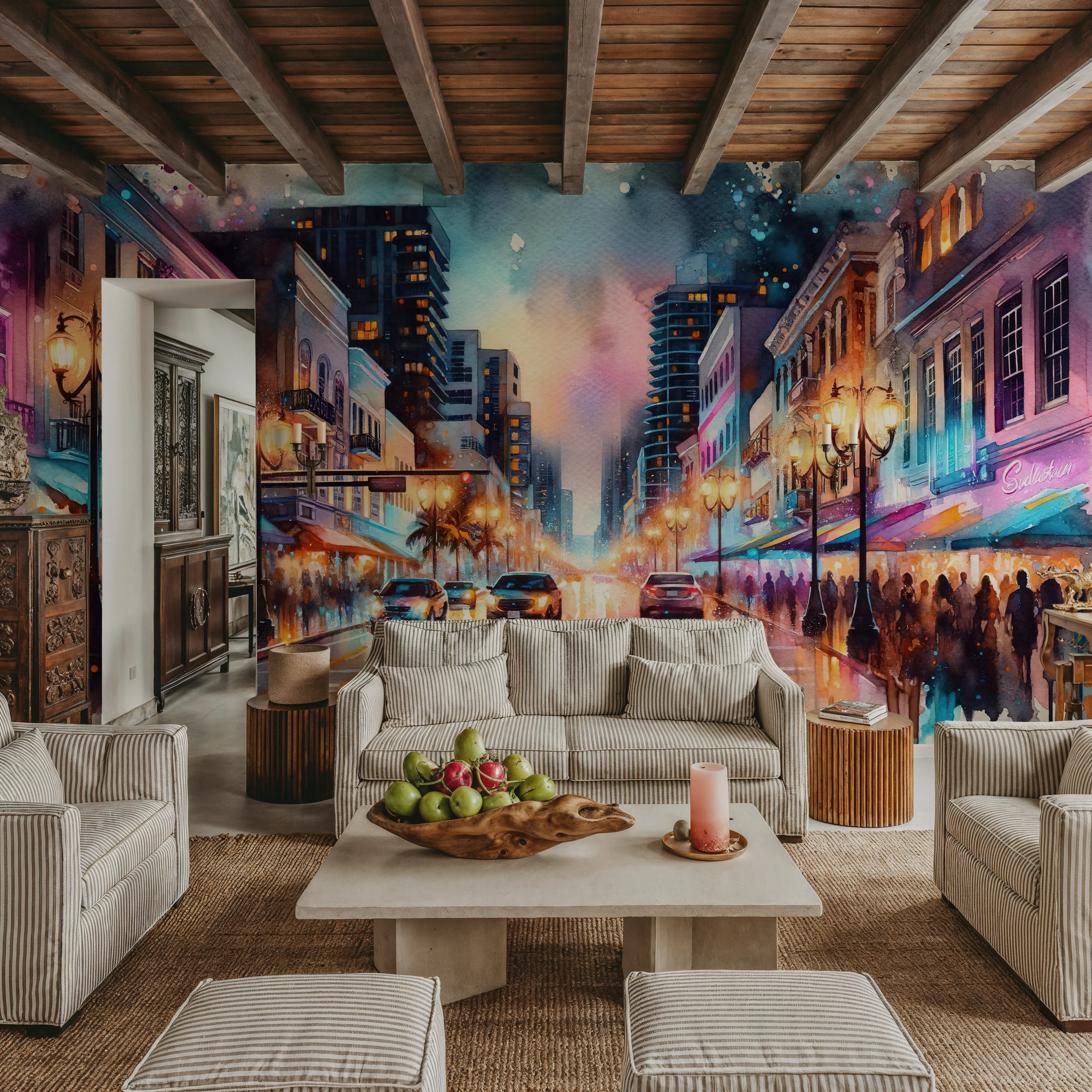 Fotobehang - Miami Street At Night - Hedendaagse Kunst Straat Mural - Eetkamer - Wallism Nederland - Zelfklevend of Vliesbehang
