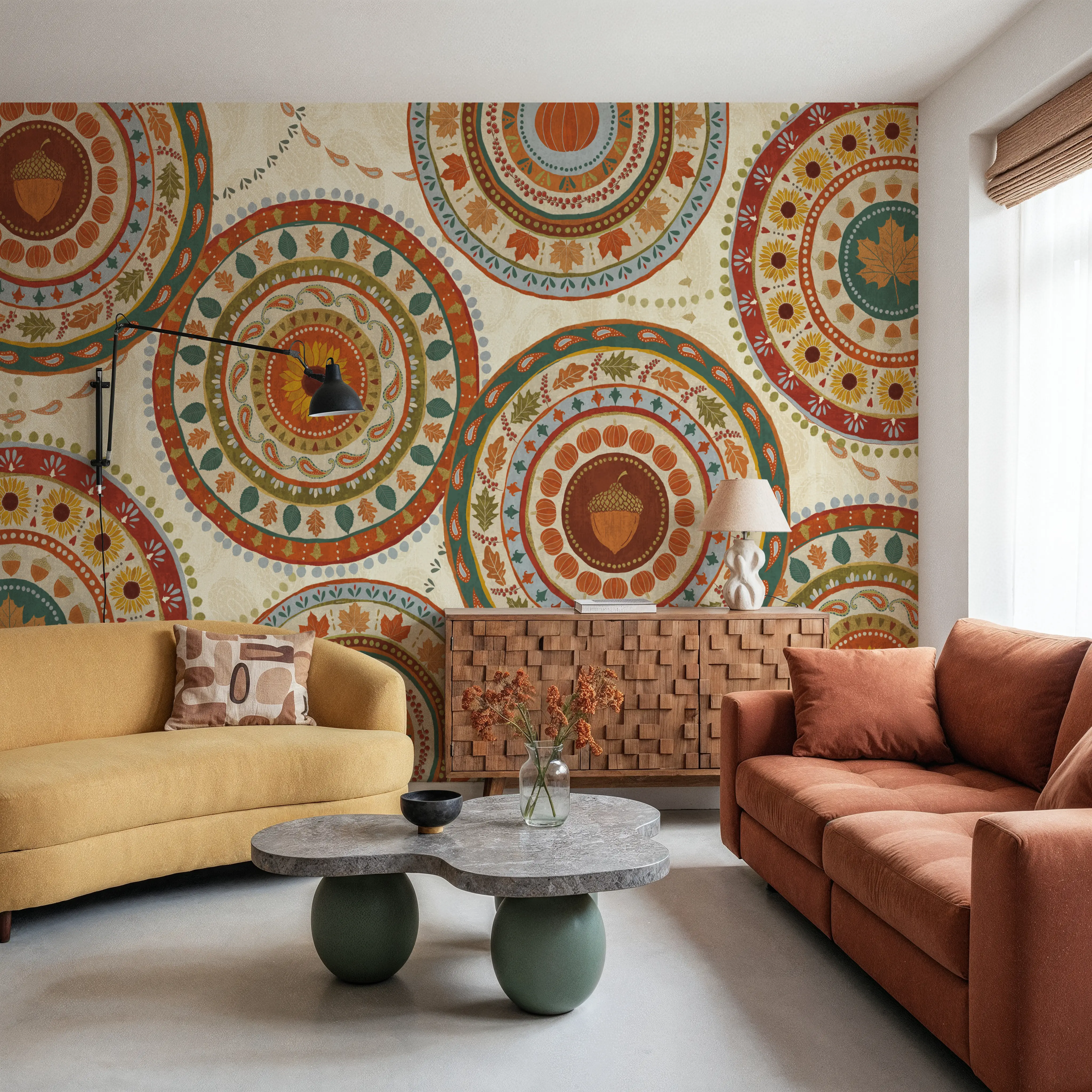 Fotobehang - Autumn Song X Light - Folk Paisley Behang Mural - Oranje - Kantoorruimtes - Wallism Nederland - Zelfklevend of Vliesbehang