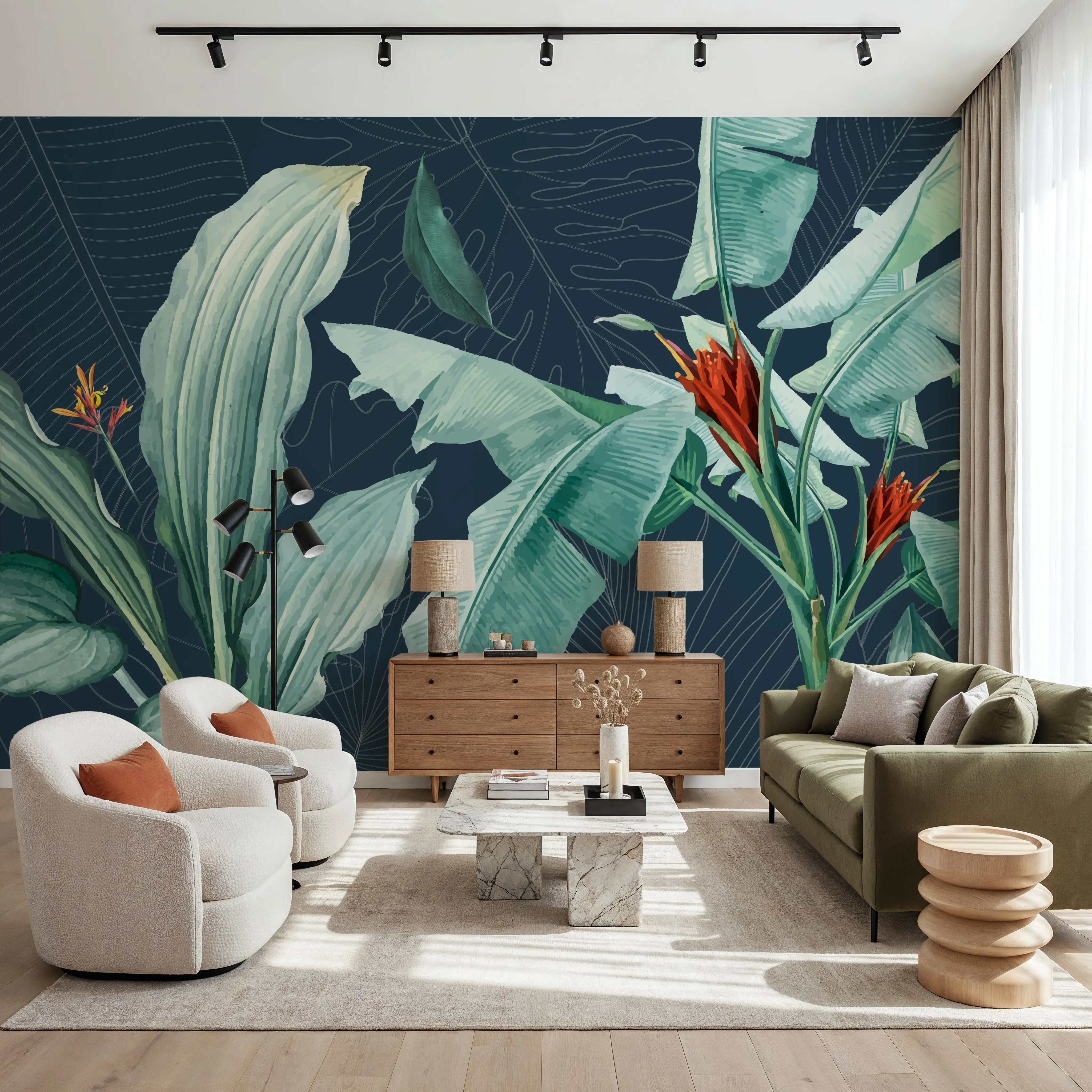 Wall Mural - Unfinished Leaves - Floral Nature mural wallpaper - Green - Offices - Wallism UK - Peel & Stick or Paste-the-Wall