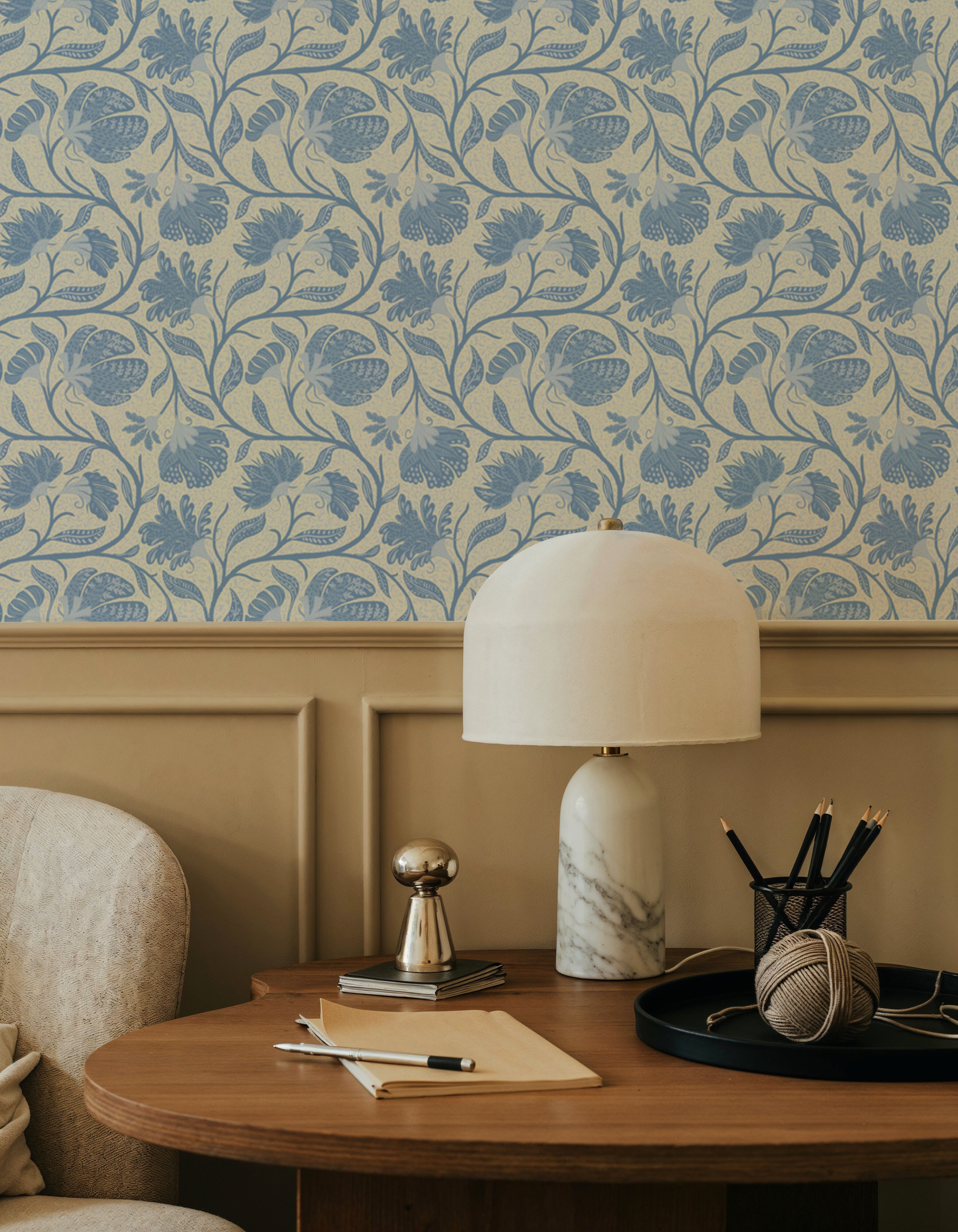 Indial Floral, Baby Blue on Cream