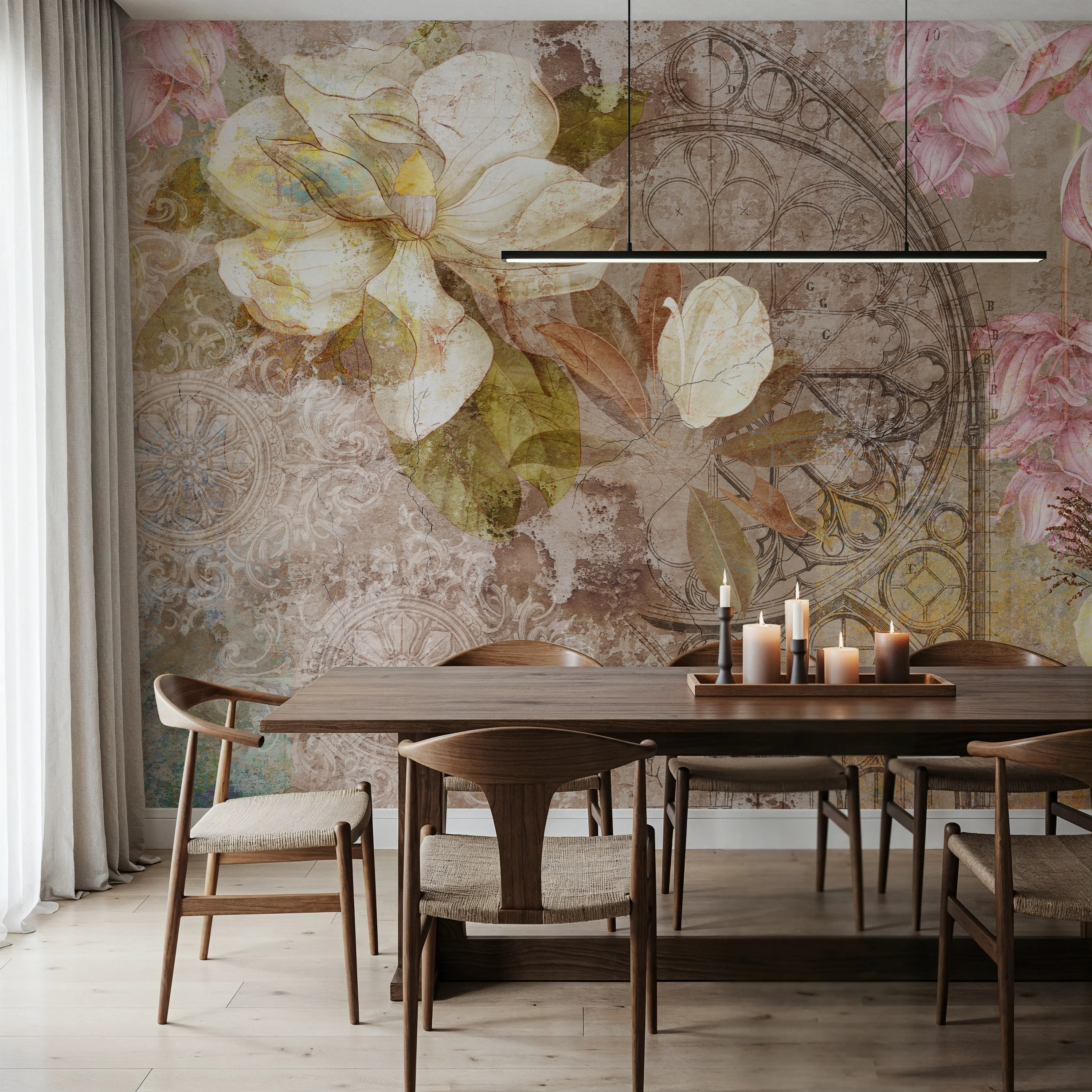 Wall Mural - Jasmine Ornament - Chintz Floral mural wallpaper - Brown - Living room - Wallism UK - Peel & Stick or Paste-the-Wall