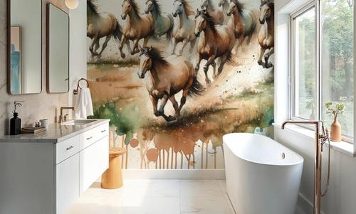Horses Galloping Field Watercolor