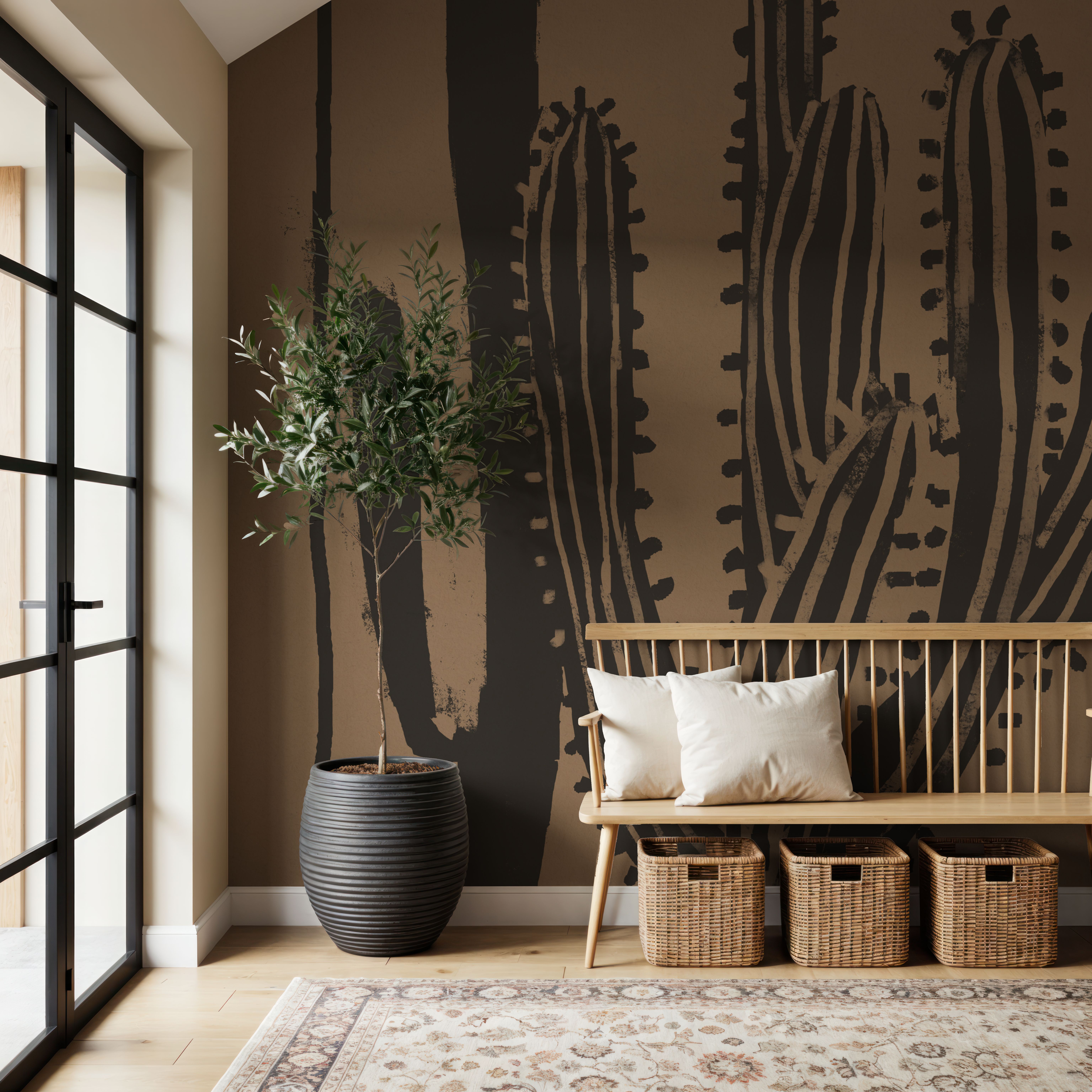 Wall Mural - Woodcut Cactus II Natural - Desert Landscapes mural wallpaper - Bedroom - Wallism US - Premium, Textured or Peel & Stick