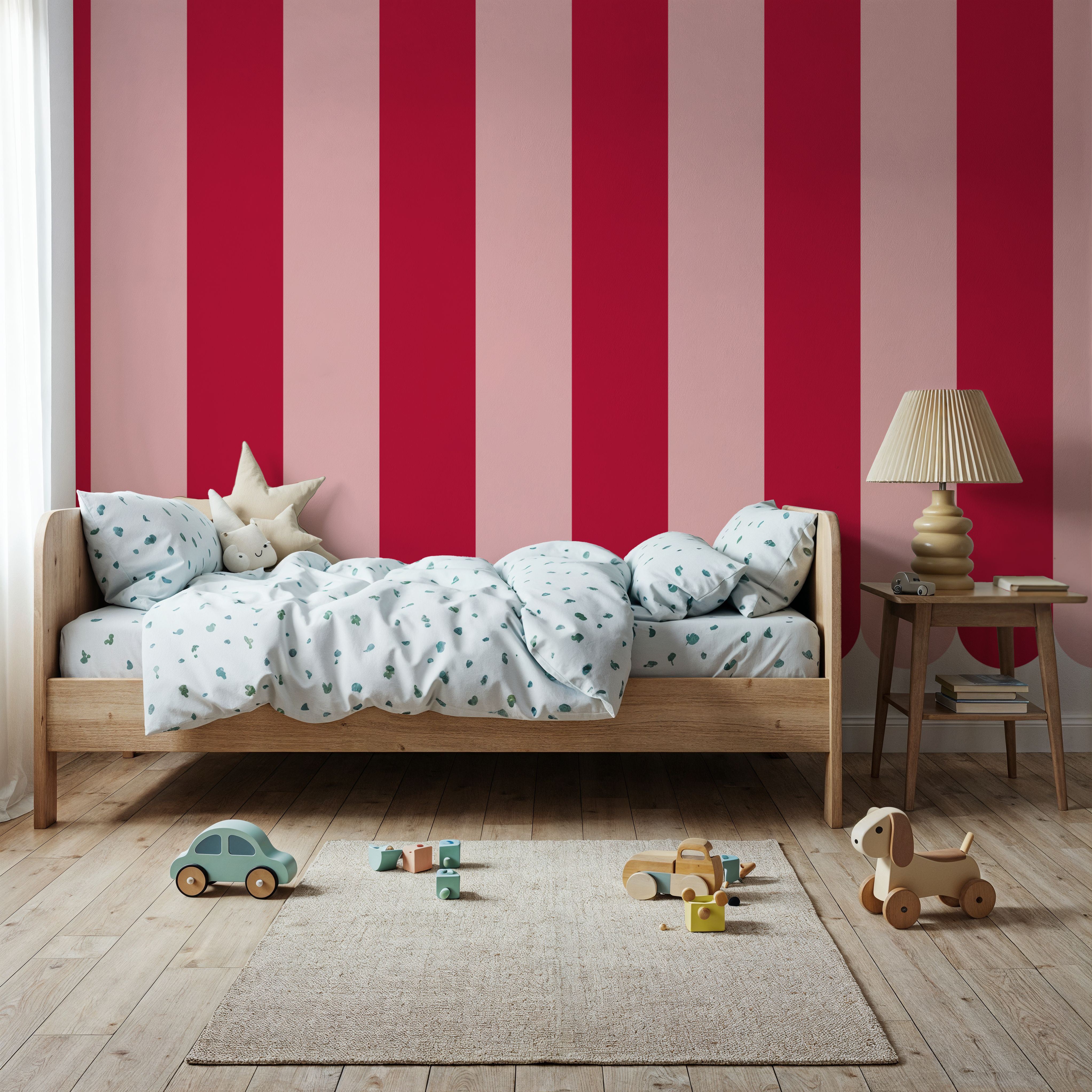 Scalloped Circus Stripes, Red on Pink