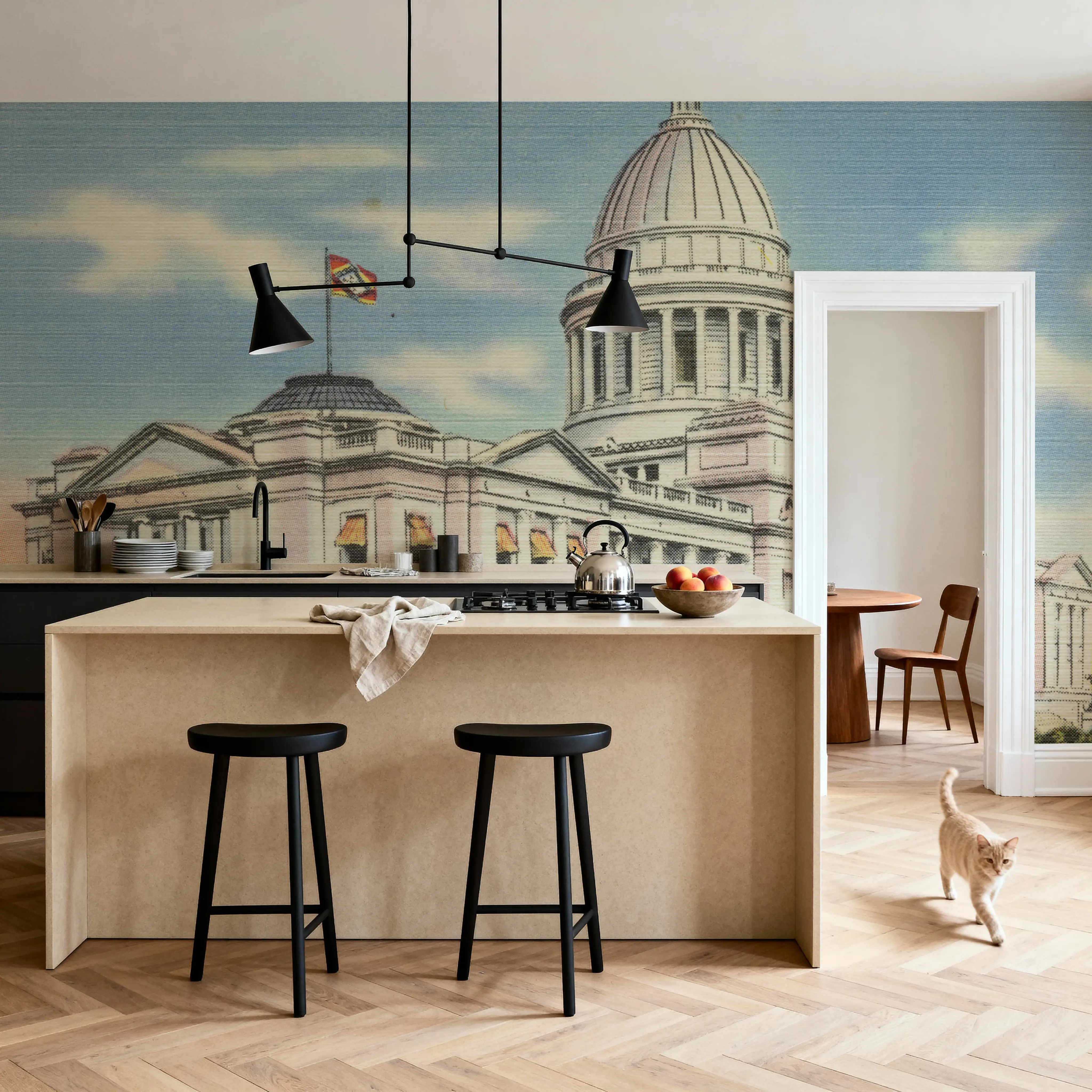 Fotobehang - Greetings from the Boss - Screenprint Postcard - Architectuur Monumenten Mural - Wit - Woonkamer - Wallism België