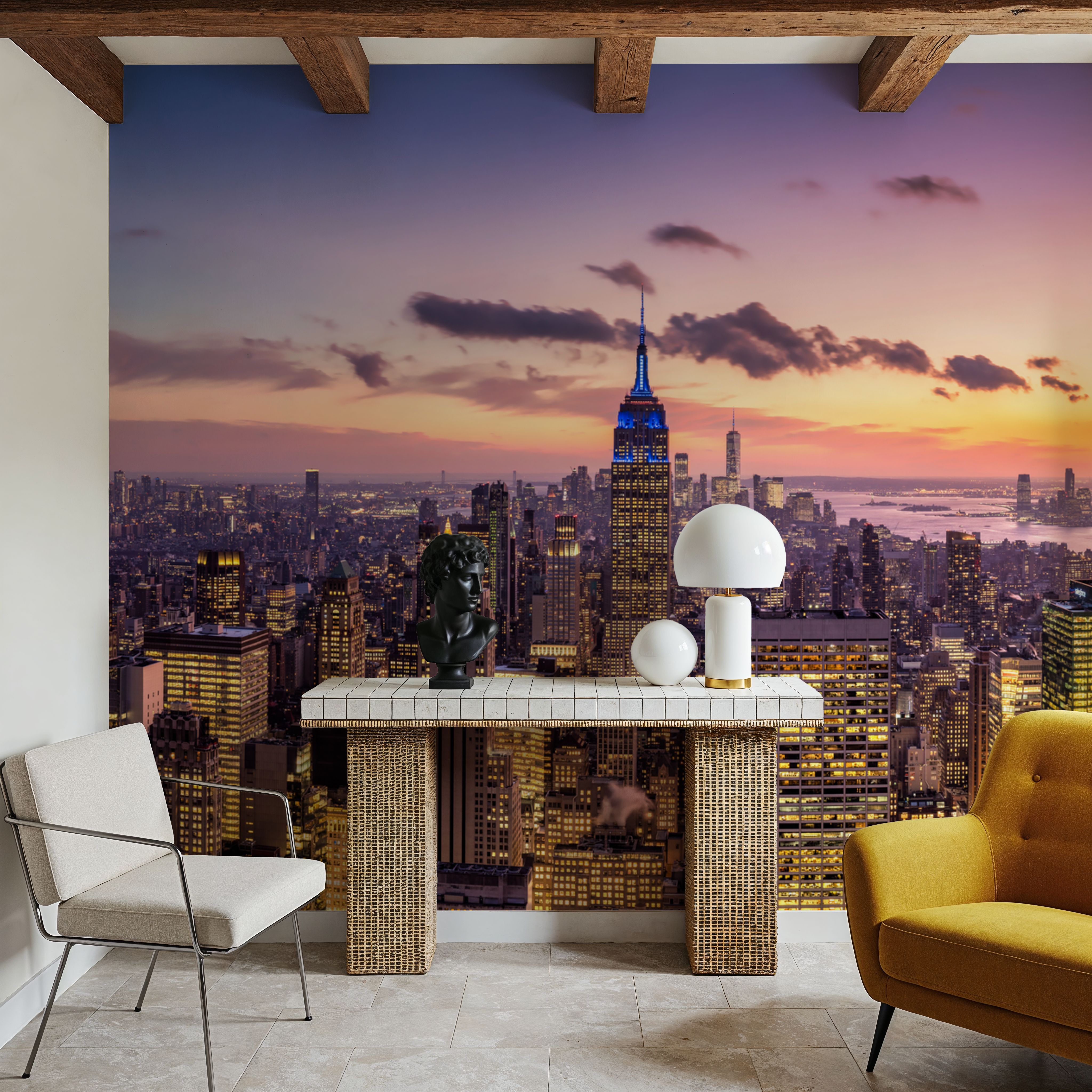 Wall Mural - Manhattan Skyline Sunset - Big Cities mural wallpaper - Hallway staircases - Wallism US - Premium, Textured or Peel & Stick
