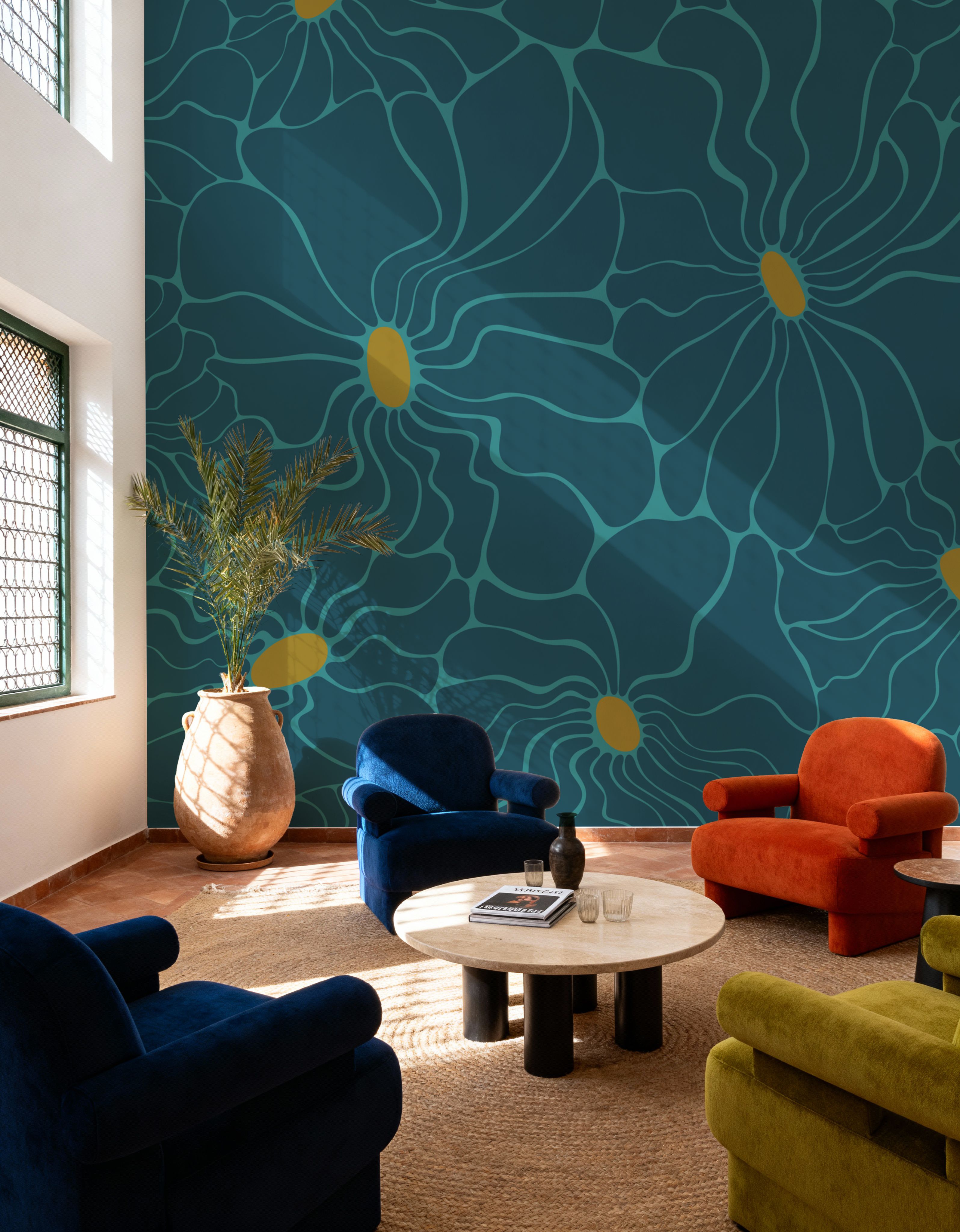 Cool Fluid Flowers Mural, Teal