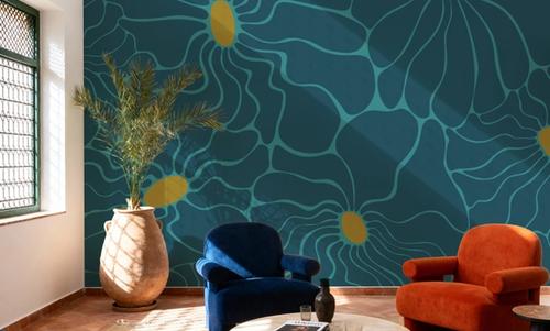 Cool Fluid Flowers Mural, Teal