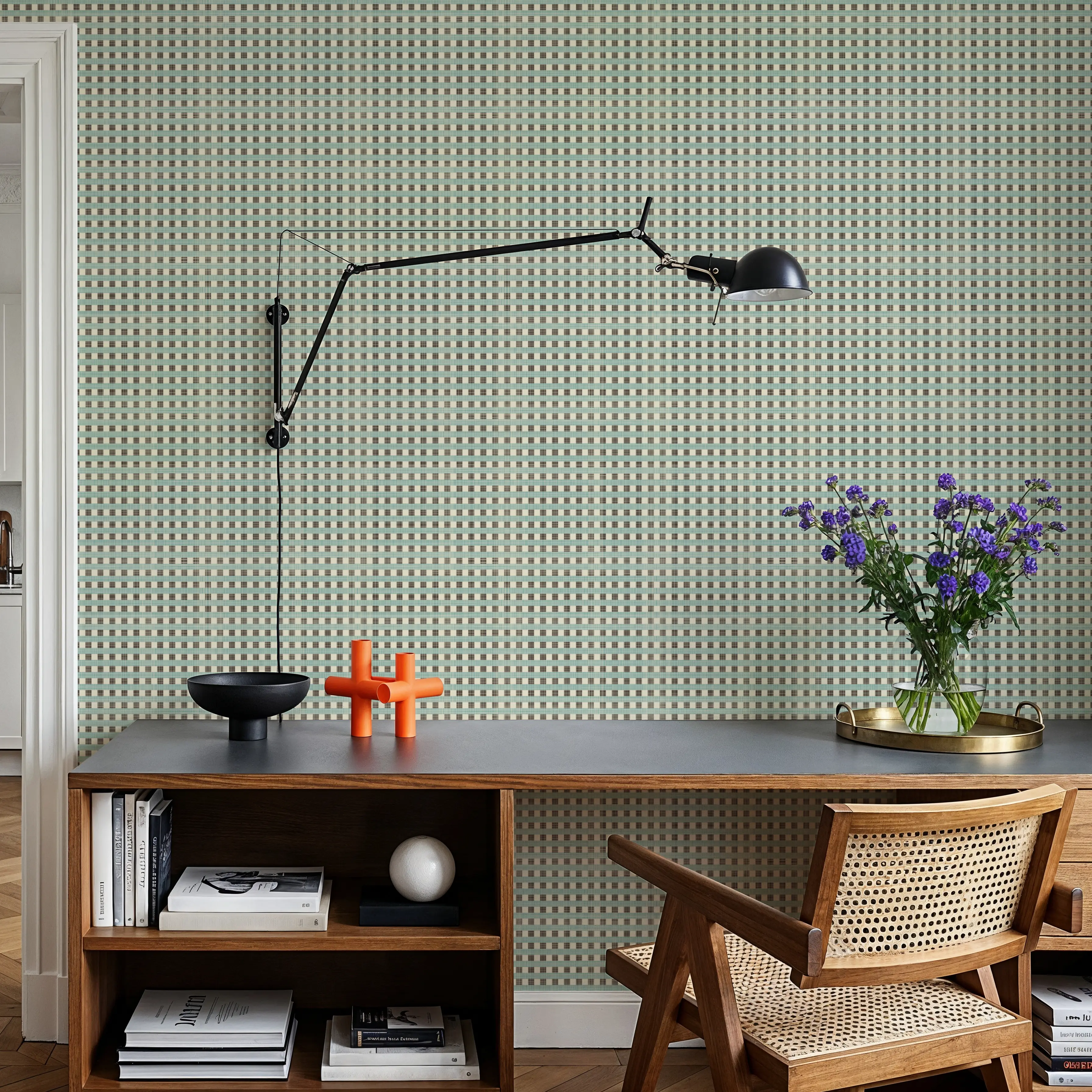 Wallpaper - Namur - Squares Textiles - Blue - Hallway staircases - Wallism UK - Peel & Stick or Paste-the-Wall