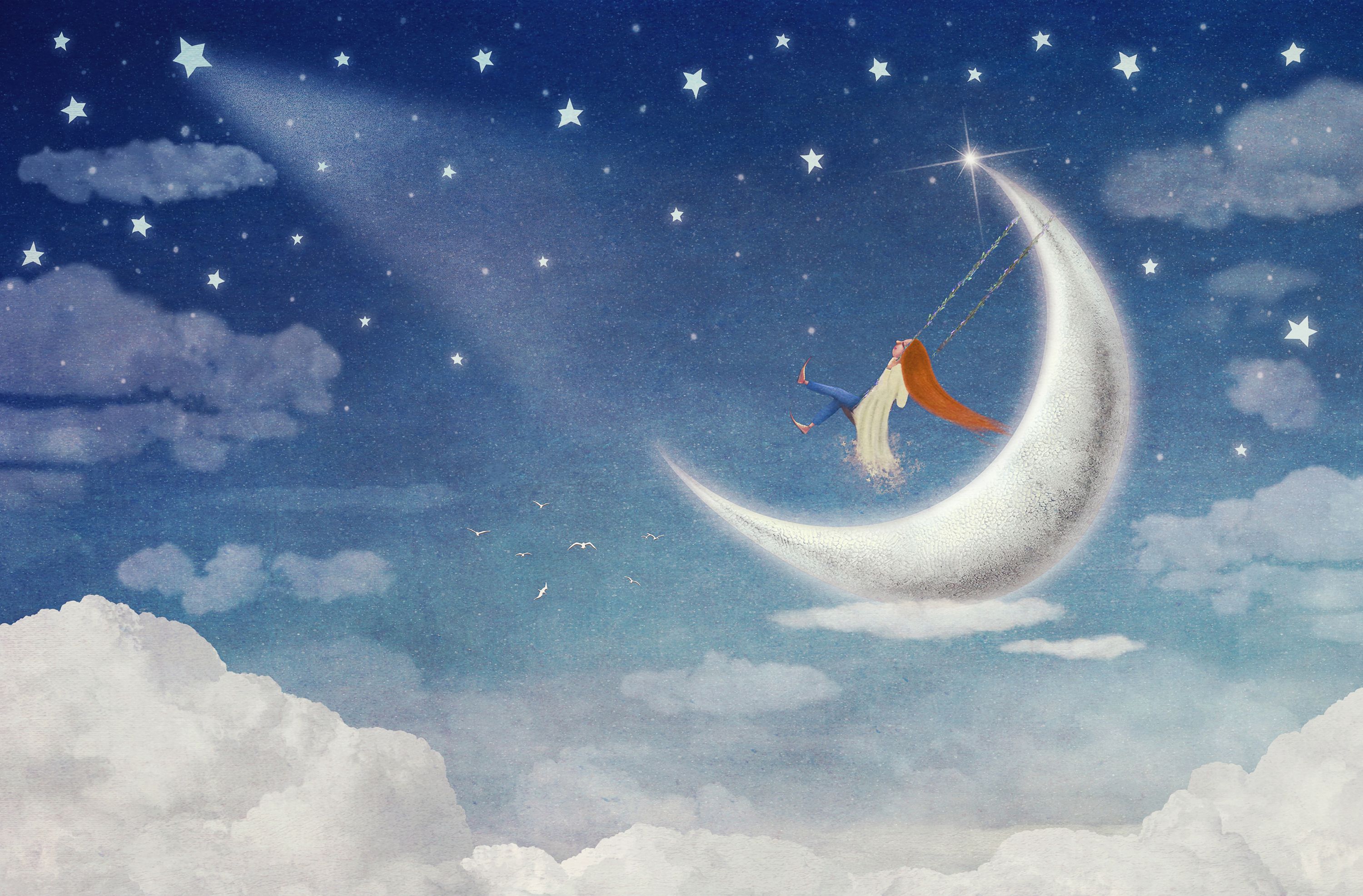 wallpaper mural of a girl swinging off the moon