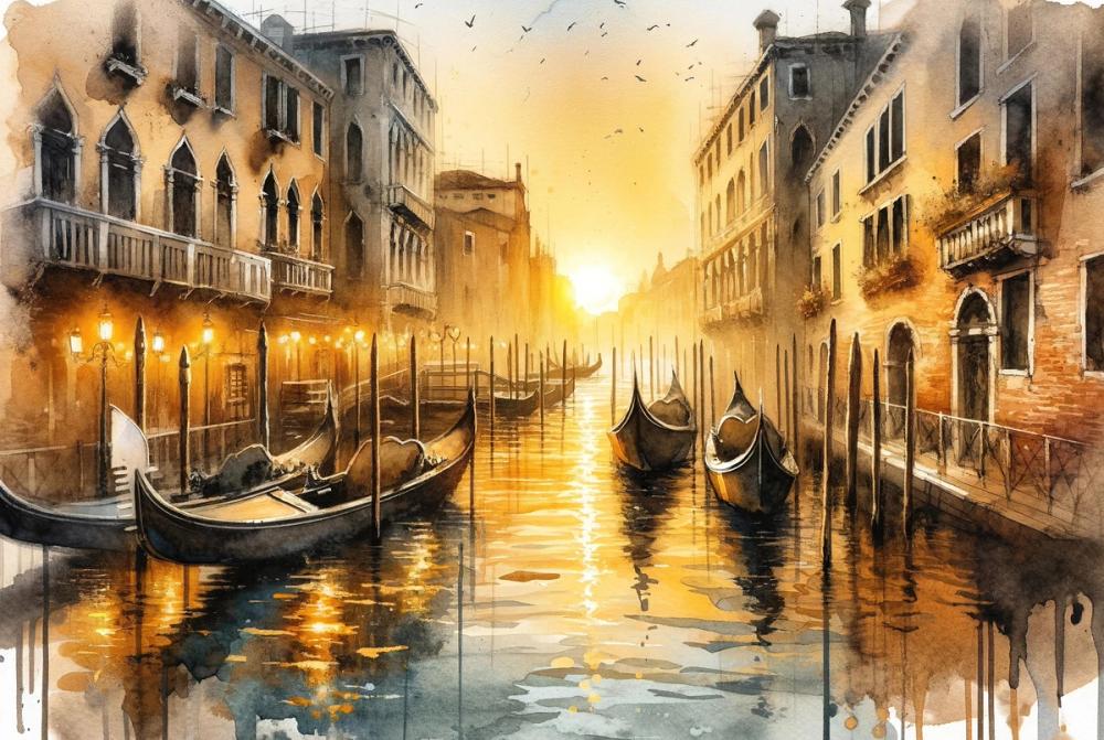 Sunset Over Venetian Canals with Gondolas