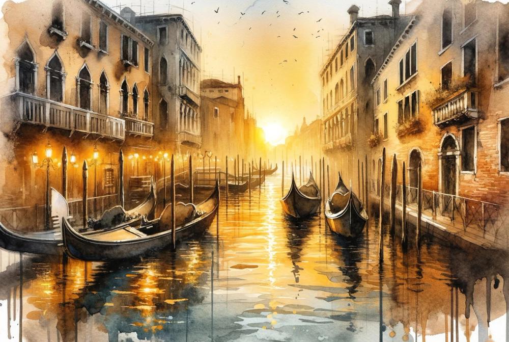Sunset Over Venetian Canals with Gondolas