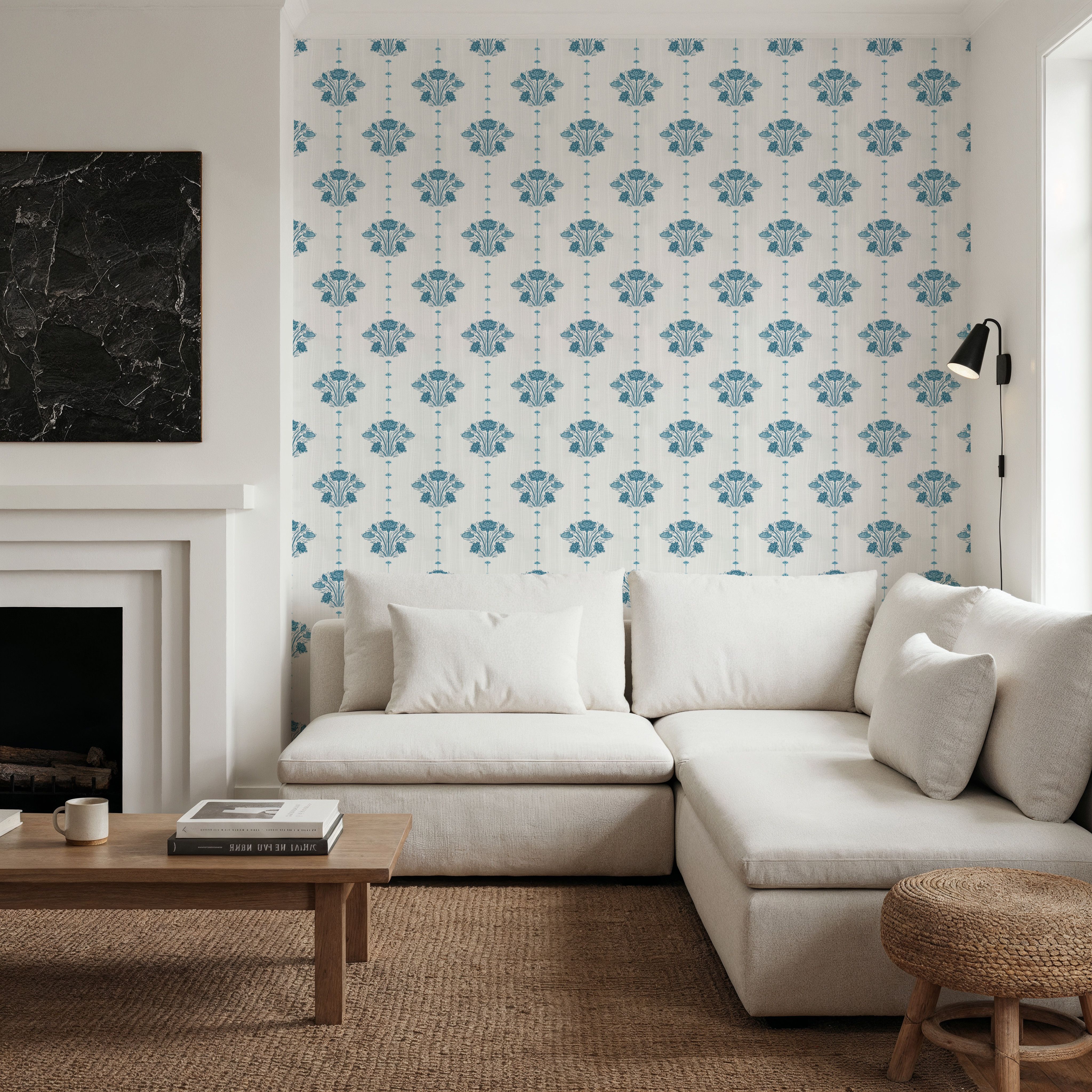 Block Print Water Lily Stripes, French Blue