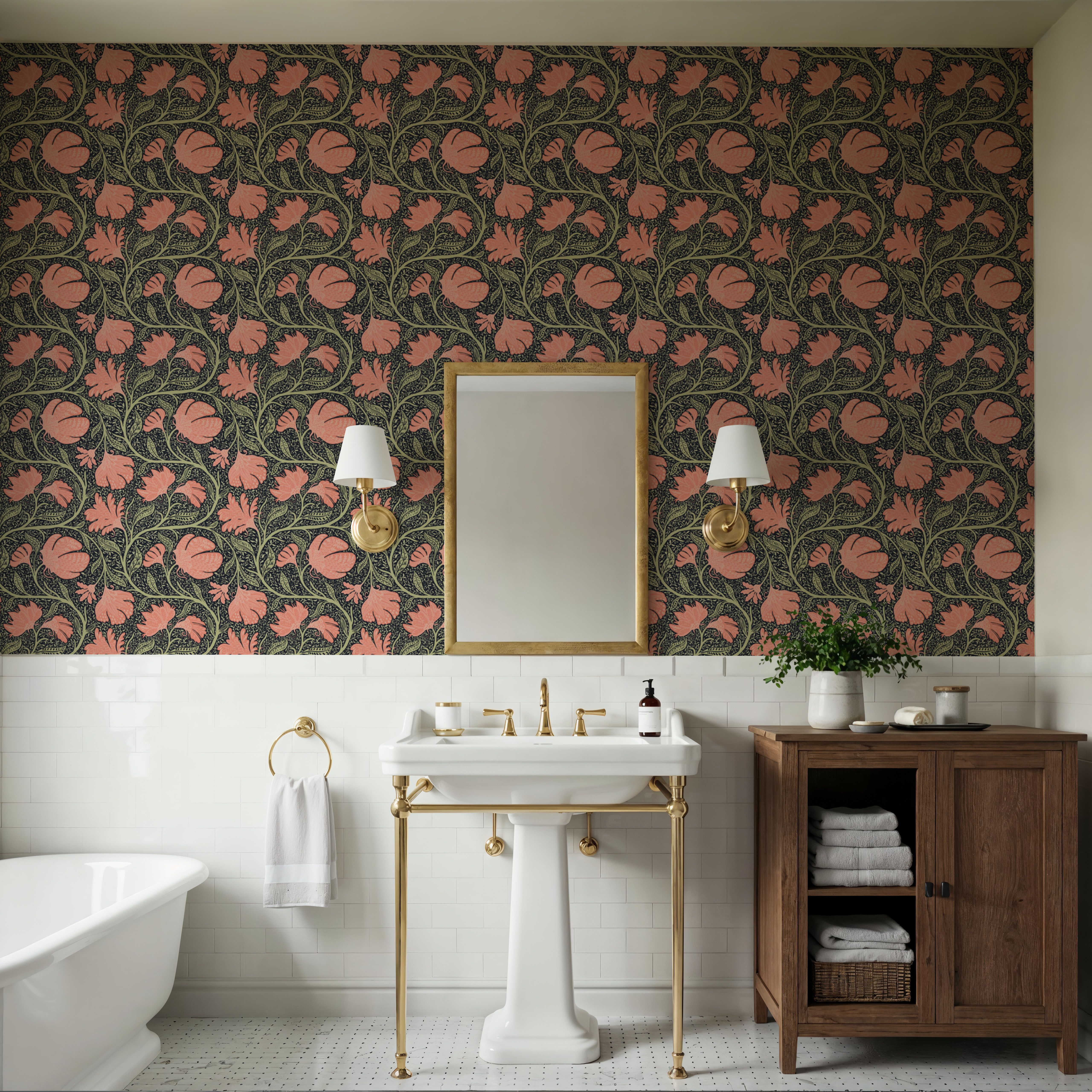 Indial Floral, Peach on Midnight, Papier peint