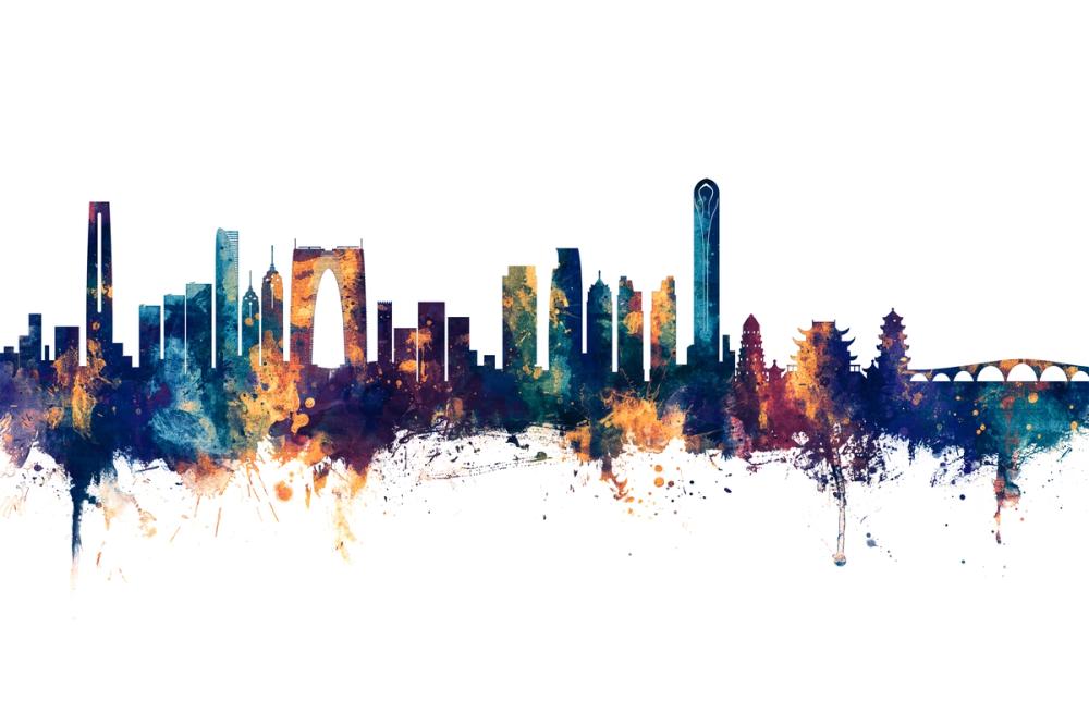 Suzhou China Skyline Blue & Bronze