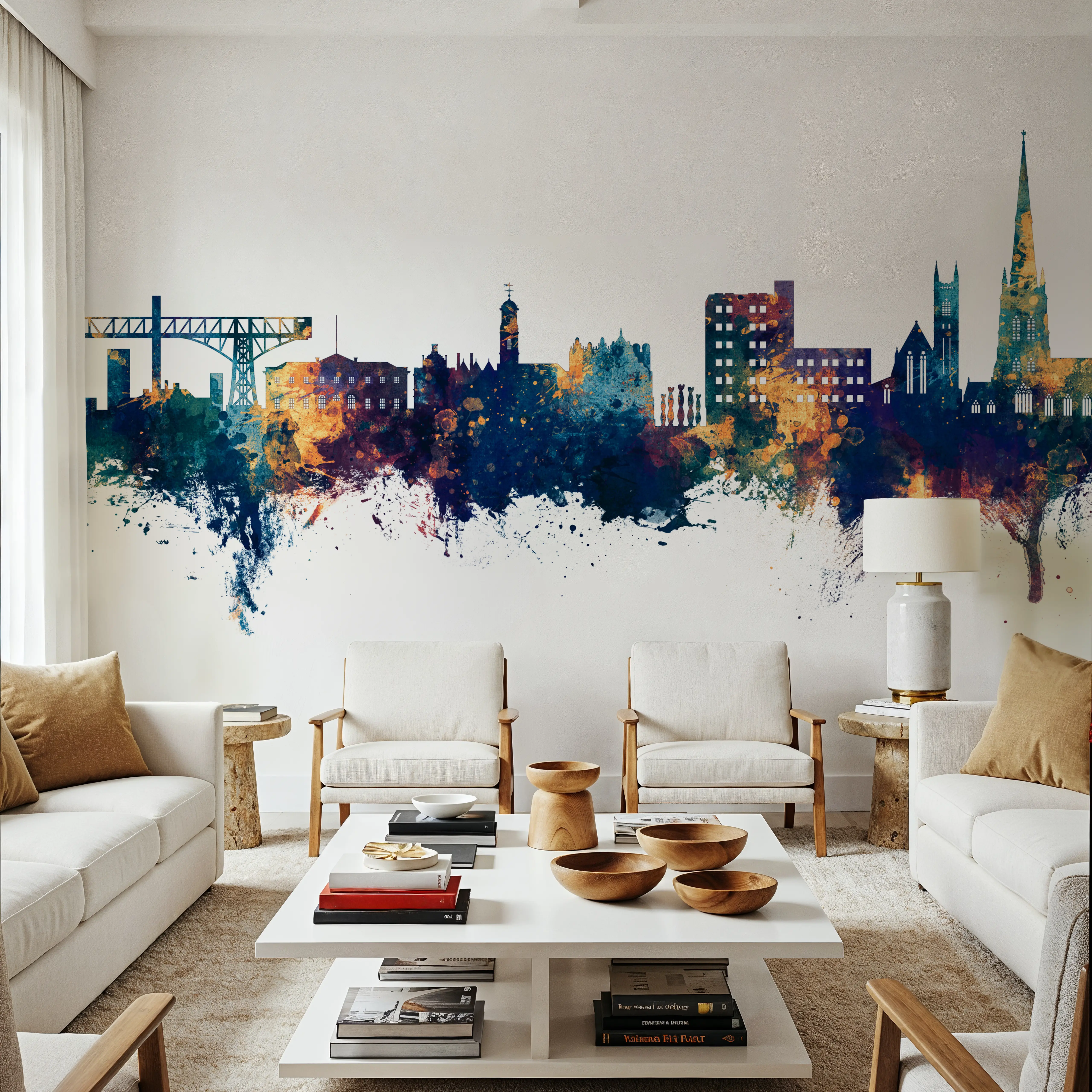 Papier Peint Panoramique - Warrington England Skyline Blue & Bronze - Graphiques - Bleu - Bureaux - Wallism Belgique - Encollage au mur ou Autocollant