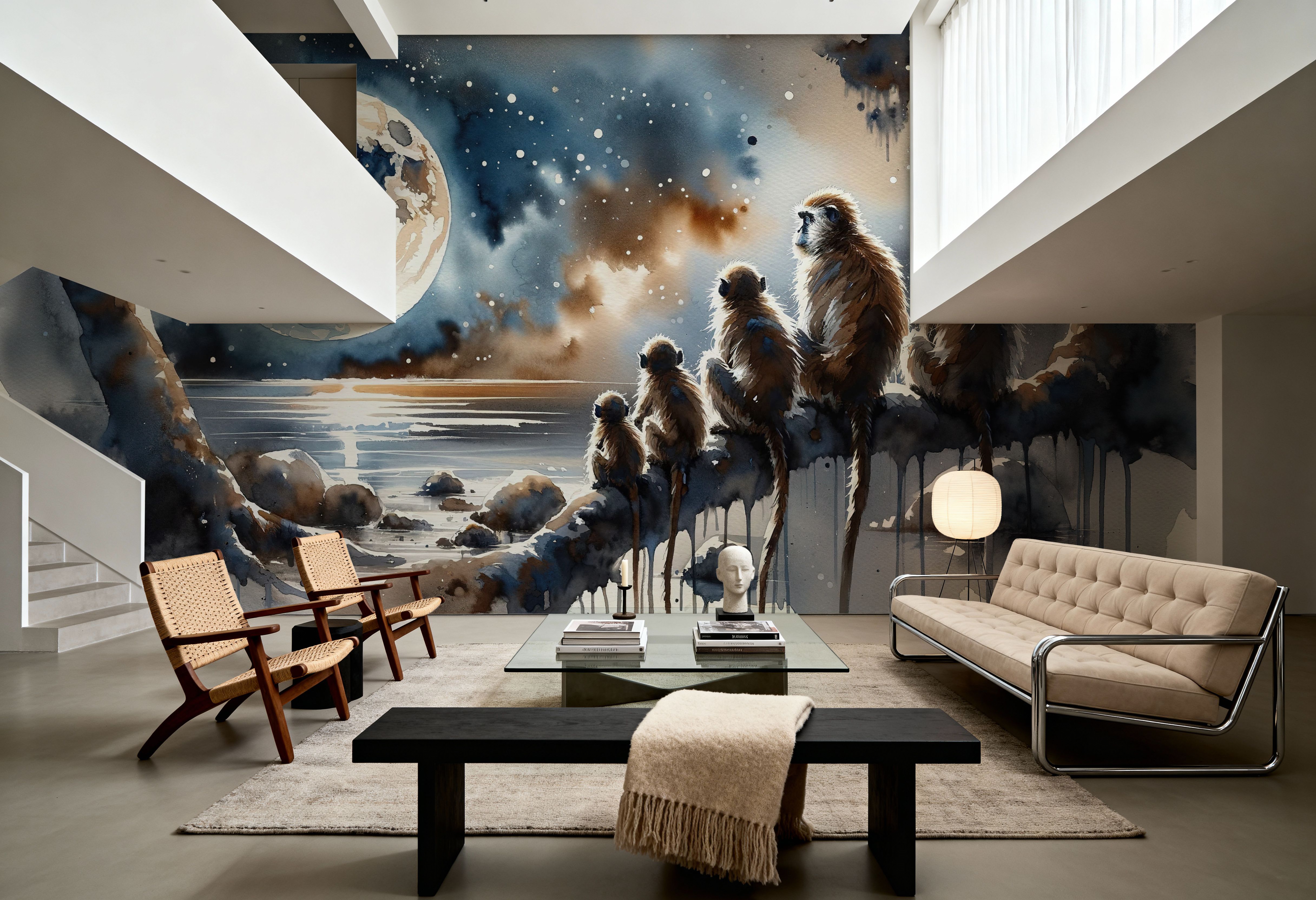 Monkey Family Night Giant Moon Watercolor