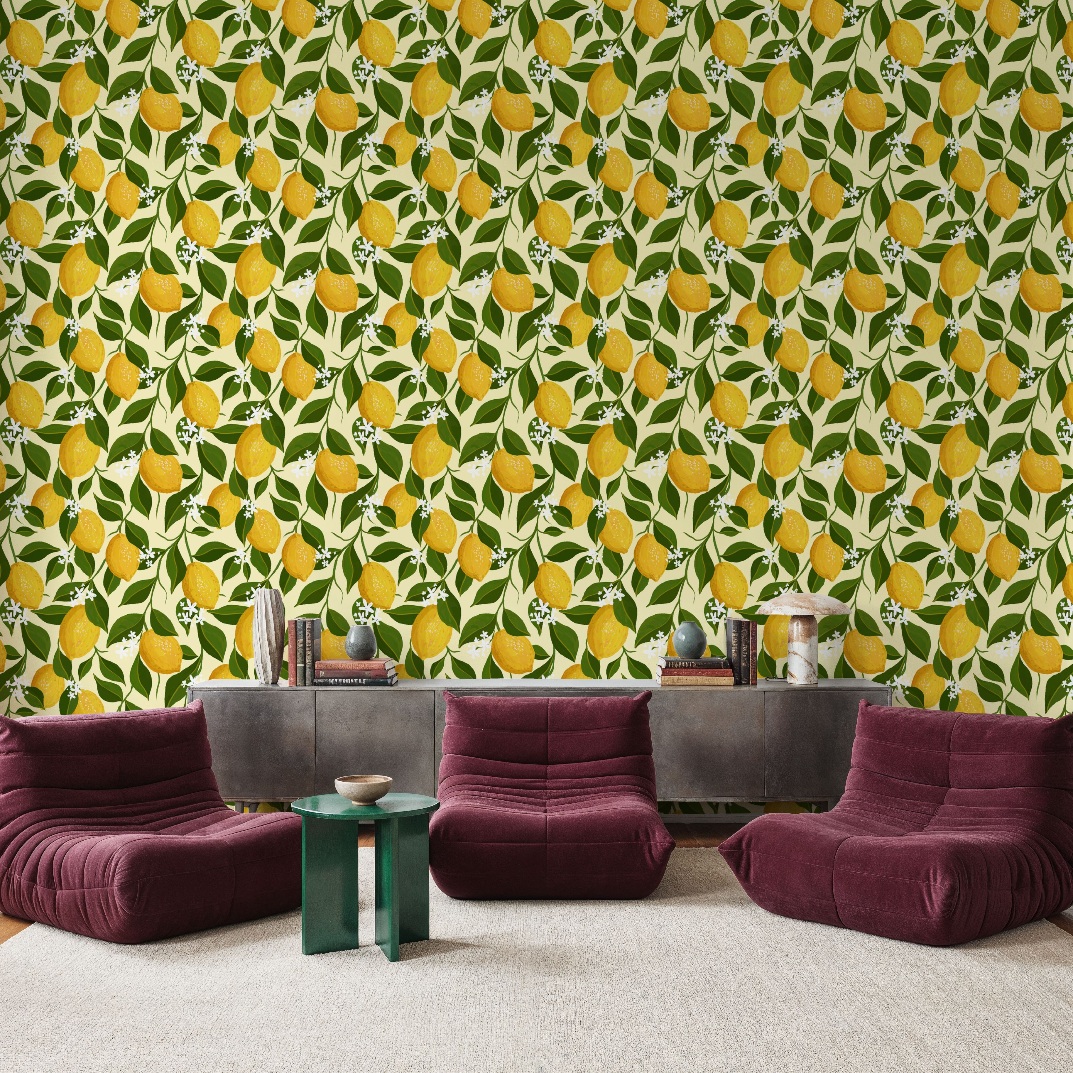Trailing Lemons, Cream, Wallpaper