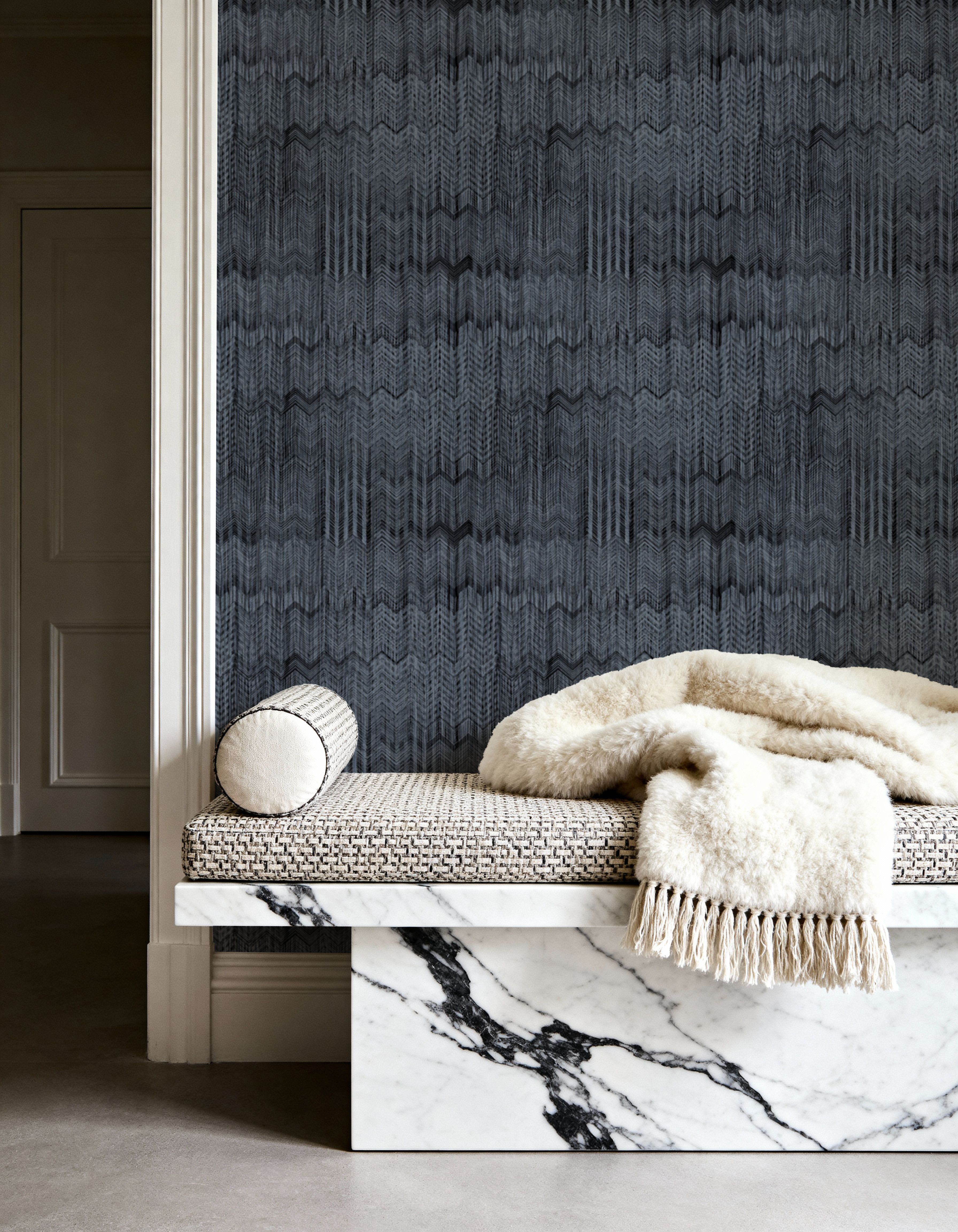 Staggered Zig-Zag, Denim, Wallpaper