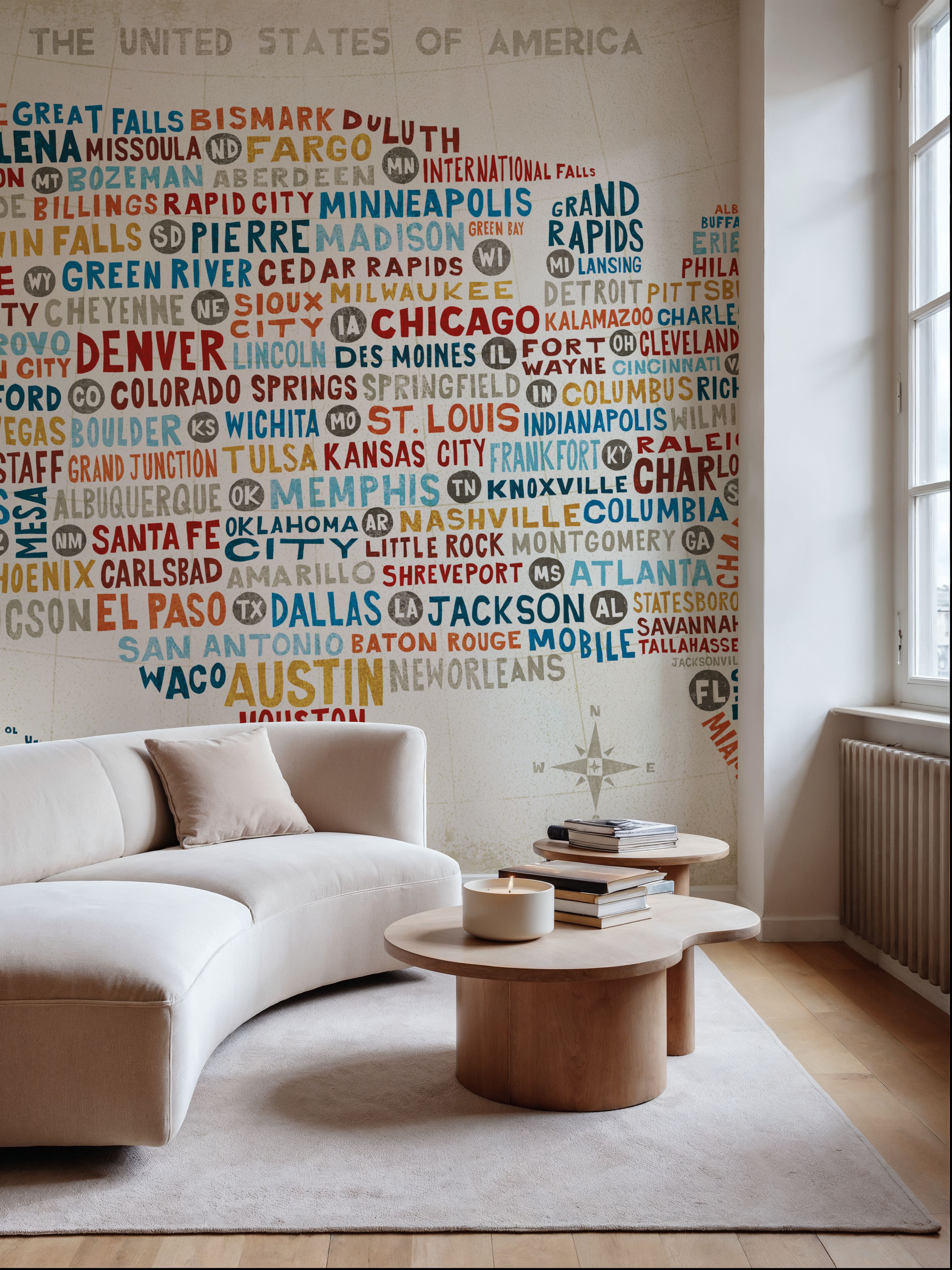 Wall Mural - US City Map - Cities World mural wallpaper - Dining Room - Wallism US - Premium, Textured or Peel & Stick