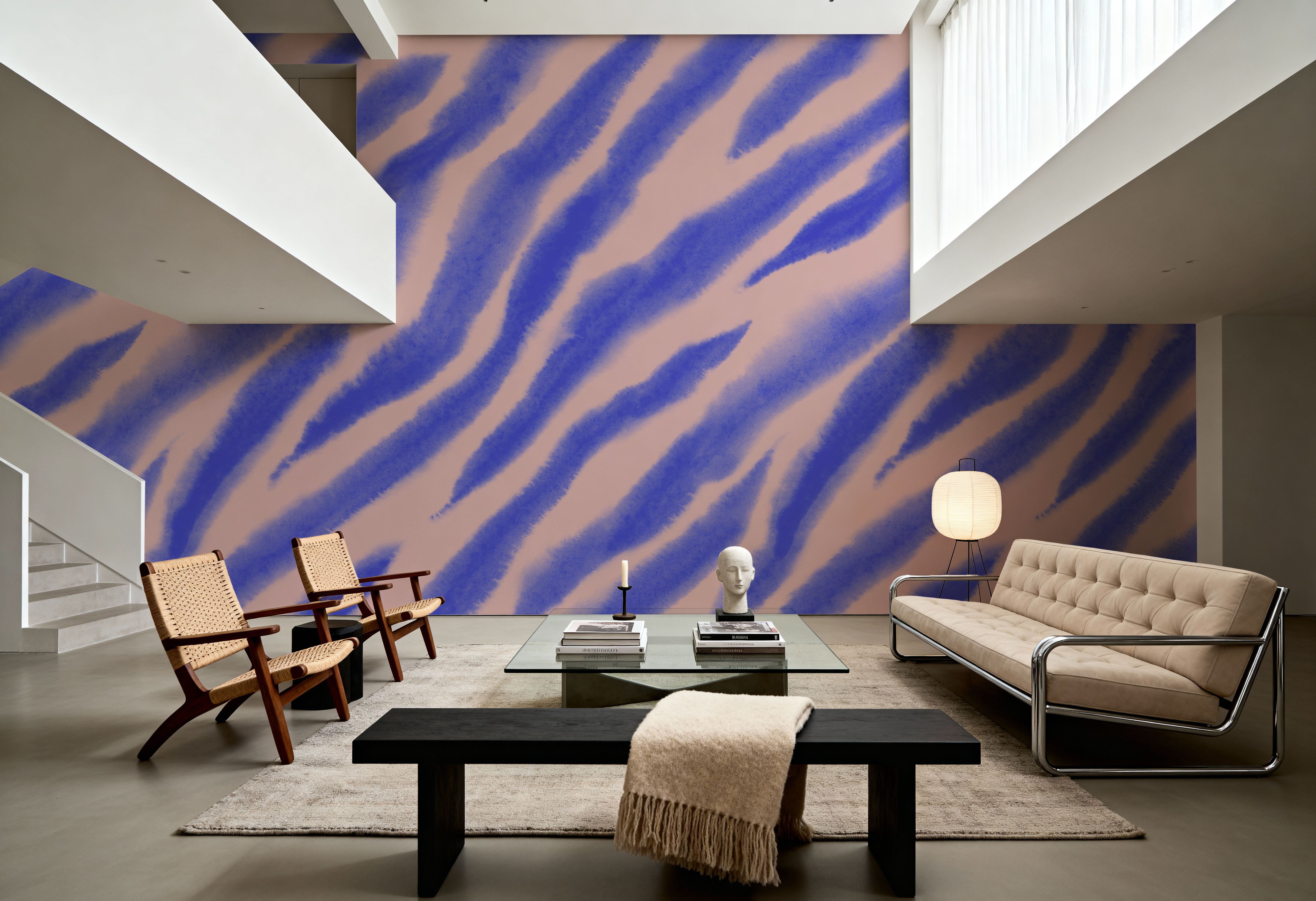 Watercolor Tiger Stripes, Periwinkle on Pink